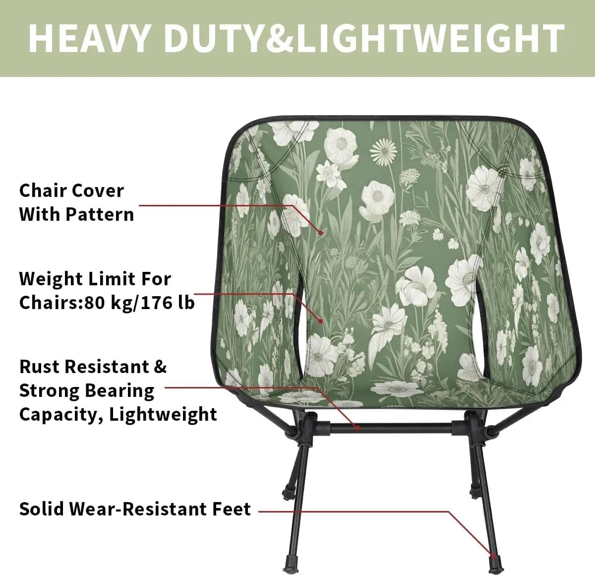 Flowers Leaf Green Folding Camping Chair Lightweight Camping Chairs for Adults Portable Outdoor Camp Chair Supports 176 Lbs