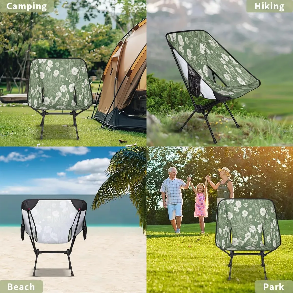 Flowers Leaf Green Folding Camping Chair Lightweight Camping Chairs for Adults Portable Outdoor Camp Chair Supports 176 Lbs