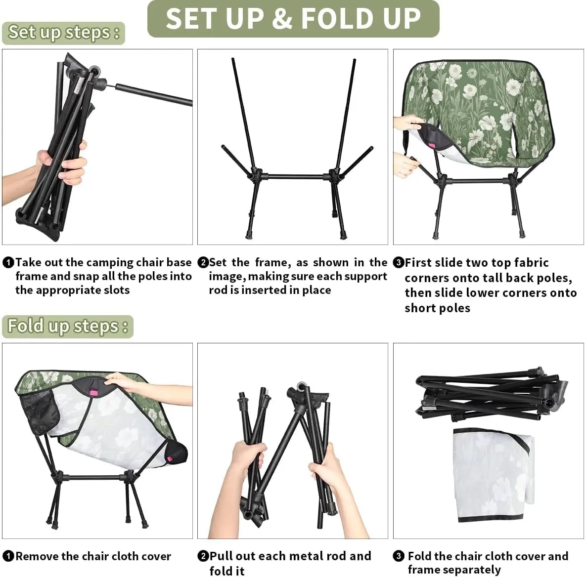 Flowers Leaf Green Folding Camping Chair Lightweight Camping Chairs for Adults Portable Outdoor Camp Chair Supports 176 Lbs