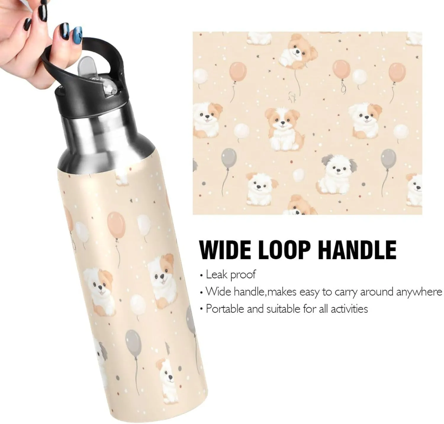 Fluffy Puppies Dogs Water Bottle with Straw Lid Double Wall Ballons Thermos Bottle Vacuum Insulated Flask Stainless Steel Water Bottle for Gym Outdoor 20 OZ