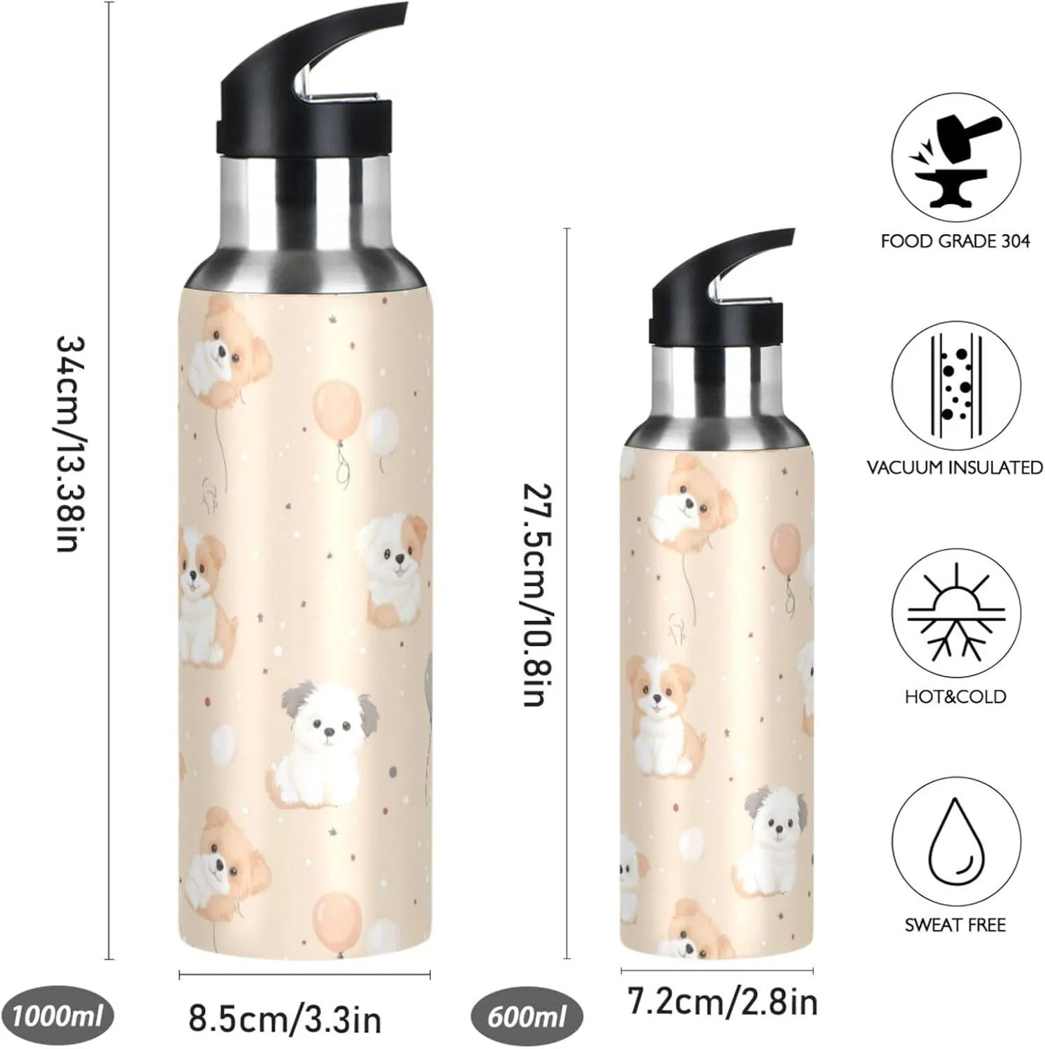 Fluffy Puppies Dogs Water Bottle with Straw Lid Double Wall Ballons Thermos Bottle Vacuum Insulated Flask Stainless Steel Water Bottle for Gym Outdoor 20 OZ