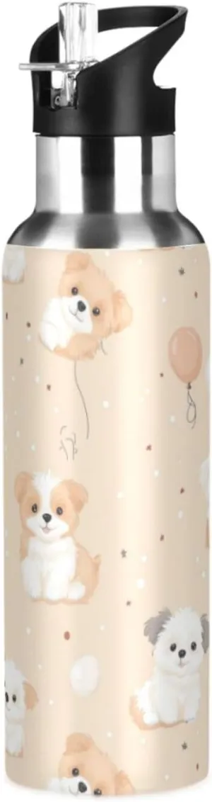 Fluffy Puppies Dogs Water Bottle with Straw Lid Double Wall Ballons Thermos Bottle Vacuum Insulated Flask Stainless Steel Water Bottle for Gym Outdoor 20 OZ