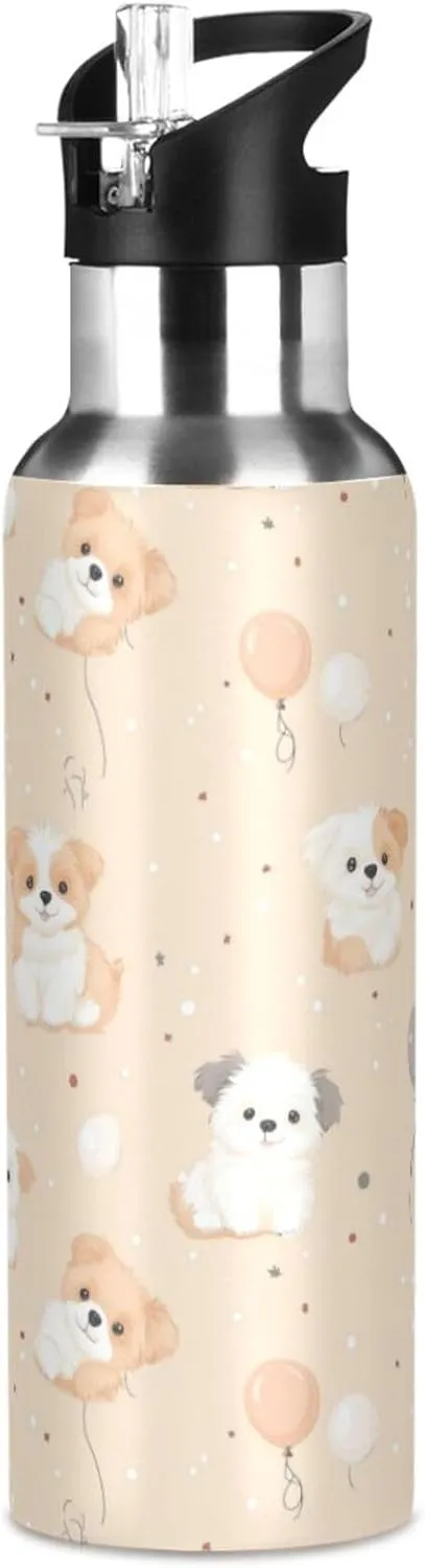 Fluffy Puppies Dogs Water Bottle with Straw Lid Double Wall Ballons Thermos Bottle Vacuum Insulated Flask Stainless Steel Water Bottle for Gym Outdoor 20 OZ