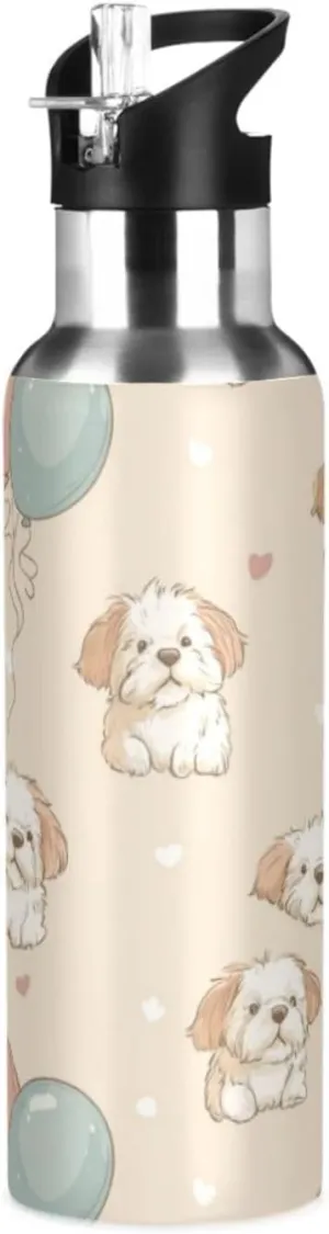 Fluffy Puppies Water Bottle with Straw Lid Double Wall Ballons Thermos Bottle Vacuum Insulated Flask Stainless Steel Water Bottle for Gym Outdoor 20 OZ