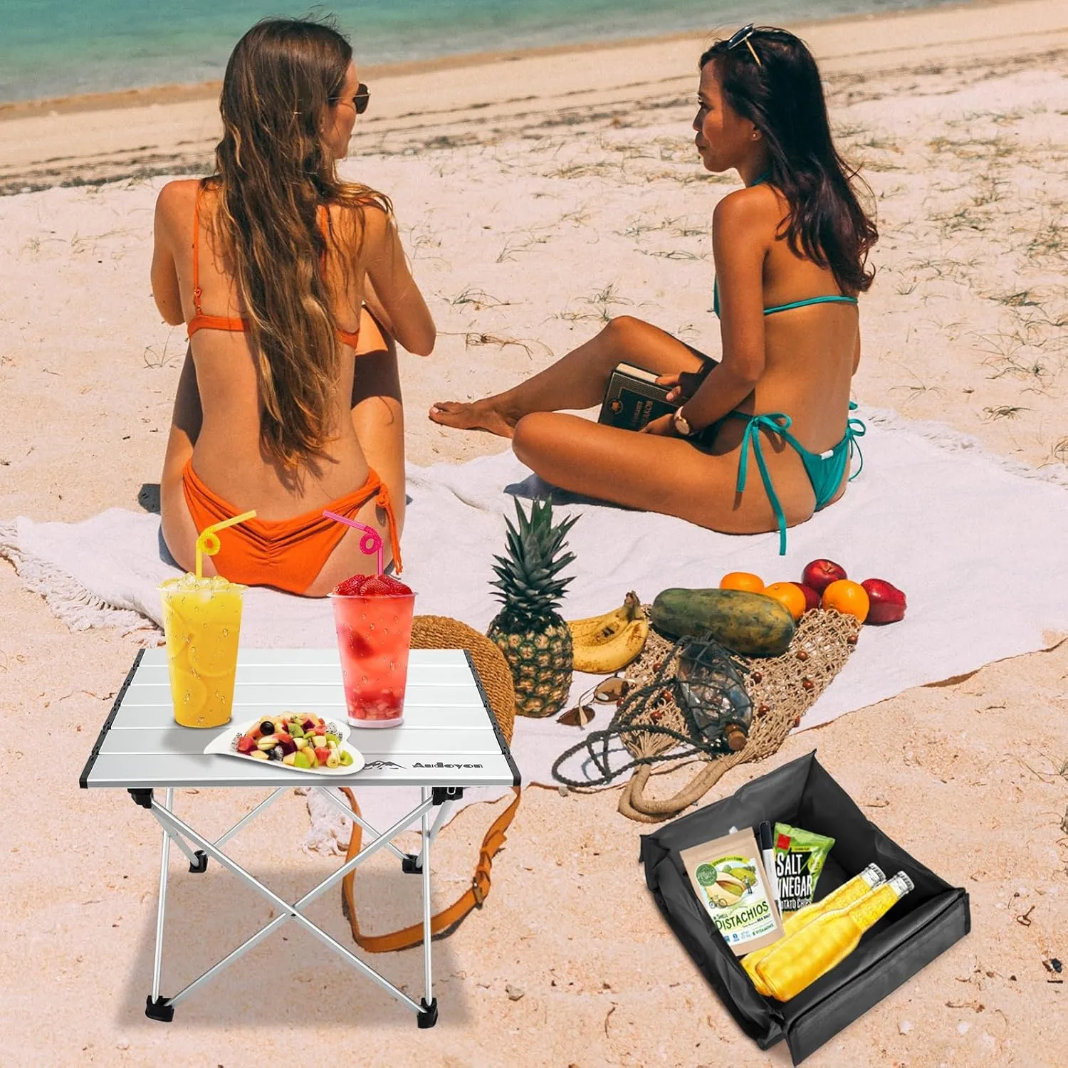 Foldable Camping Side Table, Ultralight Small Beach Tables Aluminum, Portable Outdoor Table with Carry Bag and Storage for Picnic, Grill, Hiking, Fishing, Sand, Camping Essentials, Silver