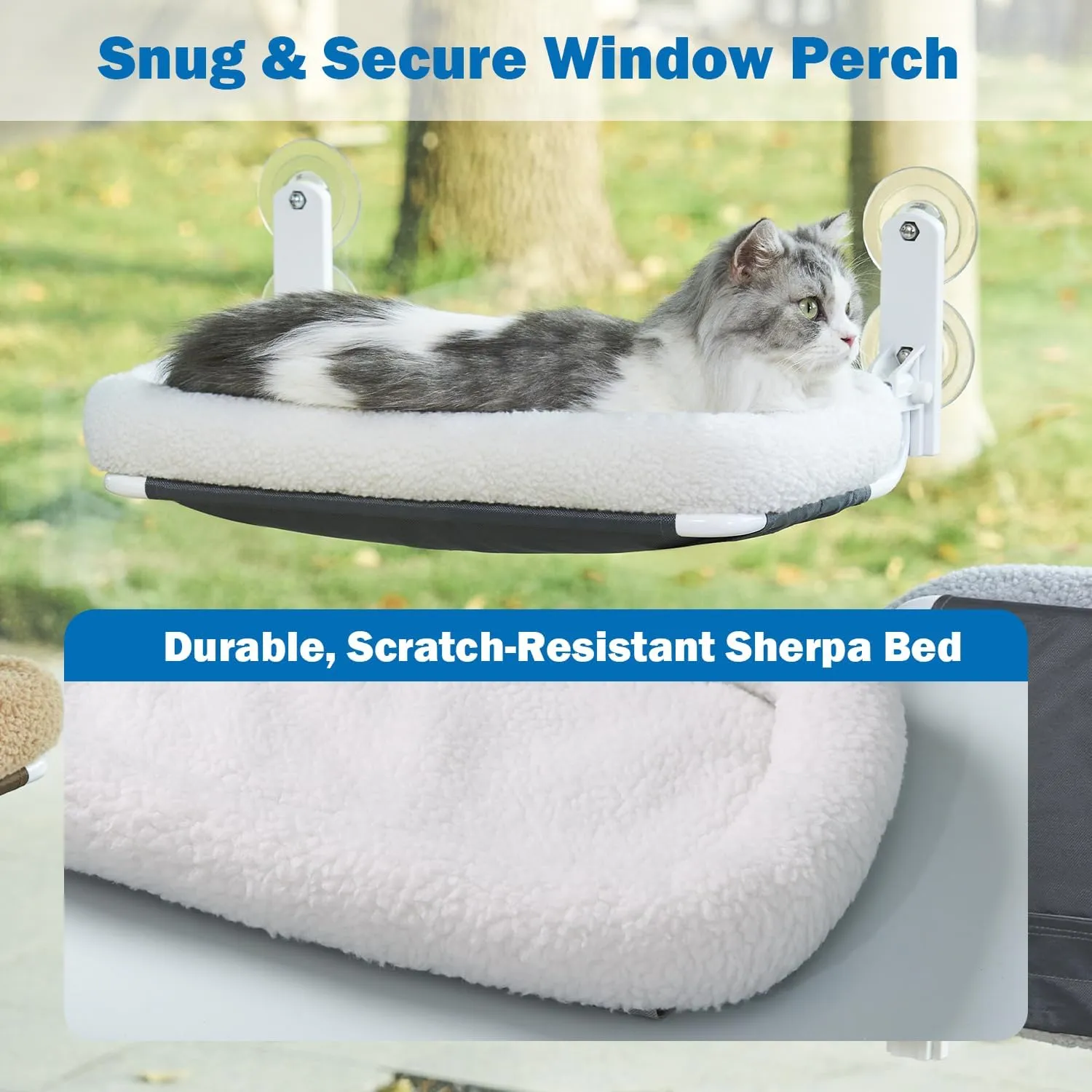 Foldable Cat Hammock for Window - Cordless, Embeded Machine Washable Bed, Robust Metal Frame - Cat Window Perch for Large Cats and Kittens (White Bolster Bed, Large)