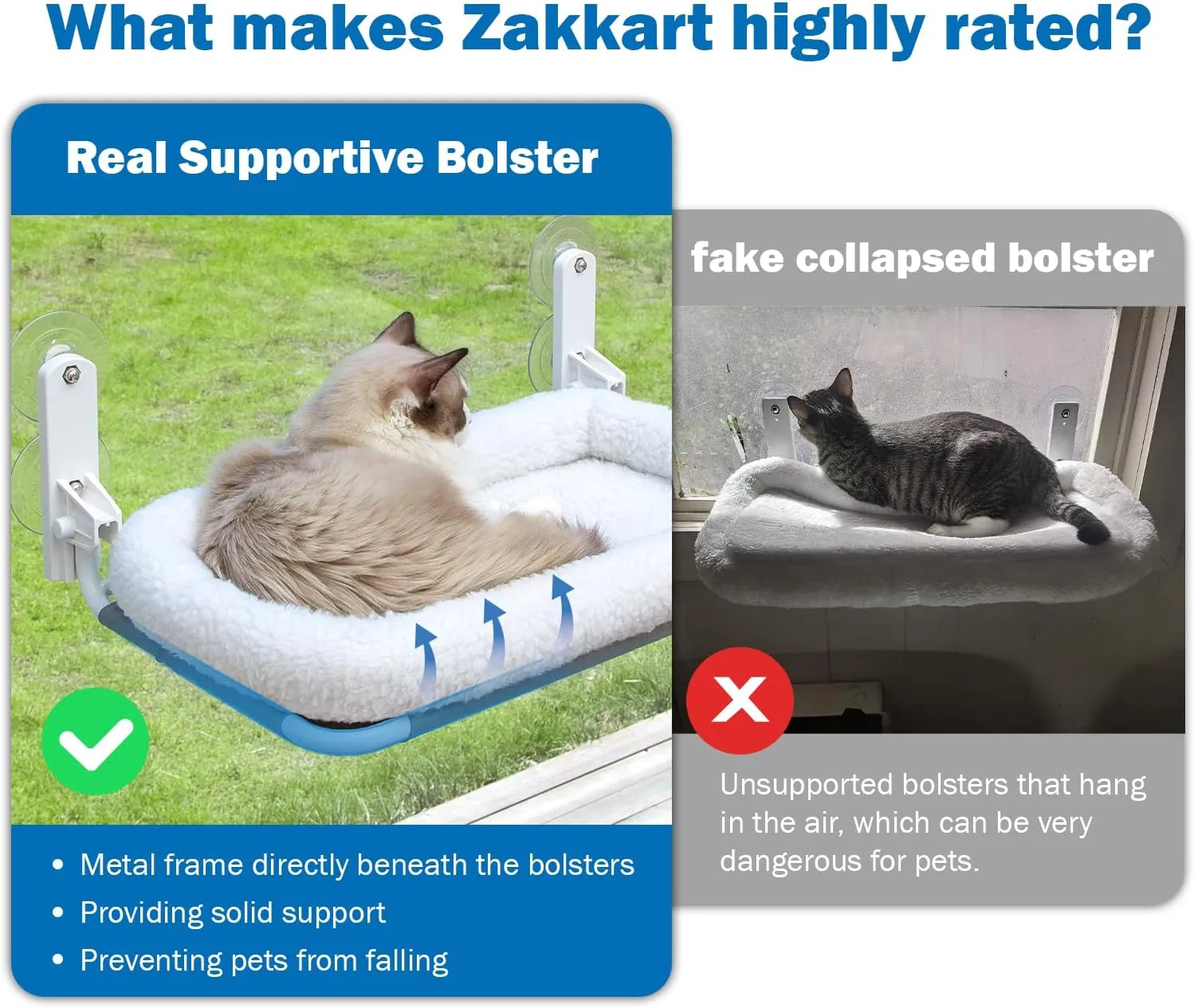 Foldable Cat Hammock for Window - Cordless, Embeded Machine Washable Bed, Robust Metal Frame - Cat Window Perch for Large Cats and Kittens (White Bolster Bed, Large)