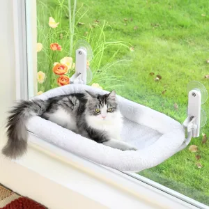 Foldable Cat Hammock for Window - Cordless, Embeded Machine Washable Bed, Robust Metal Frame - Cat Window Perch for Large Cats and Kittens (White Bolster Bed, Large)