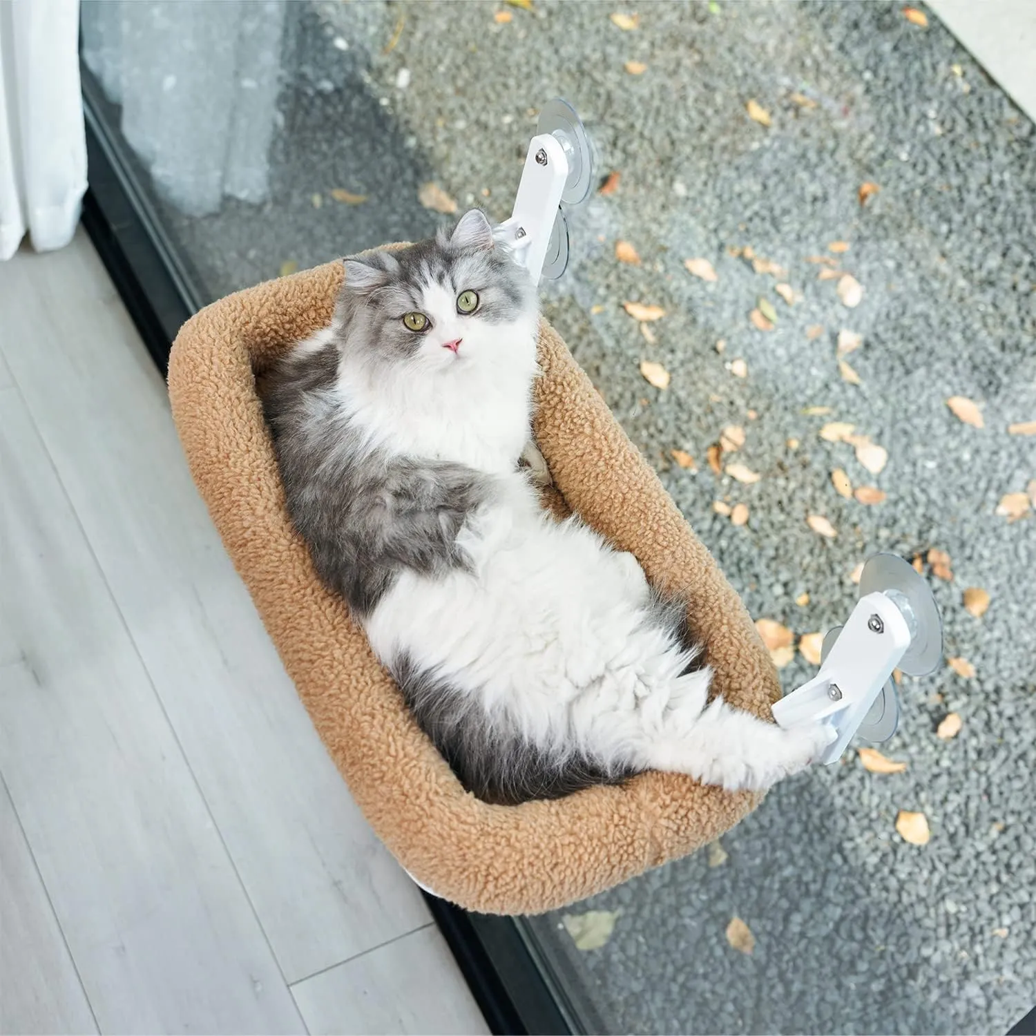 Foldable Cat Hammock for Window - Cordless, Machine Washable Bed, Robust Metal Frame & ABS Brackets - Cat Window Perch for Large Cats and Kitten (Brown Bolster Bed, Large)
