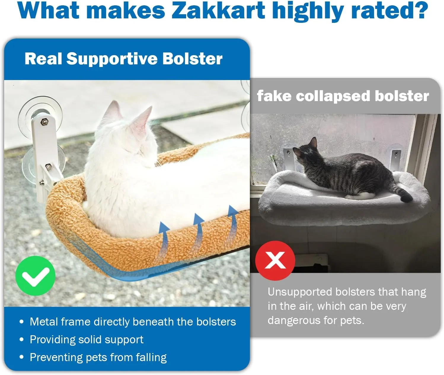 Foldable Cat Hammock for Window - Cordless, Machine Washable Bed, Robust Metal Frame & ABS Brackets - Cat Window Perch for Large Cats and Kitten (Brown Bolster Bed, Large)