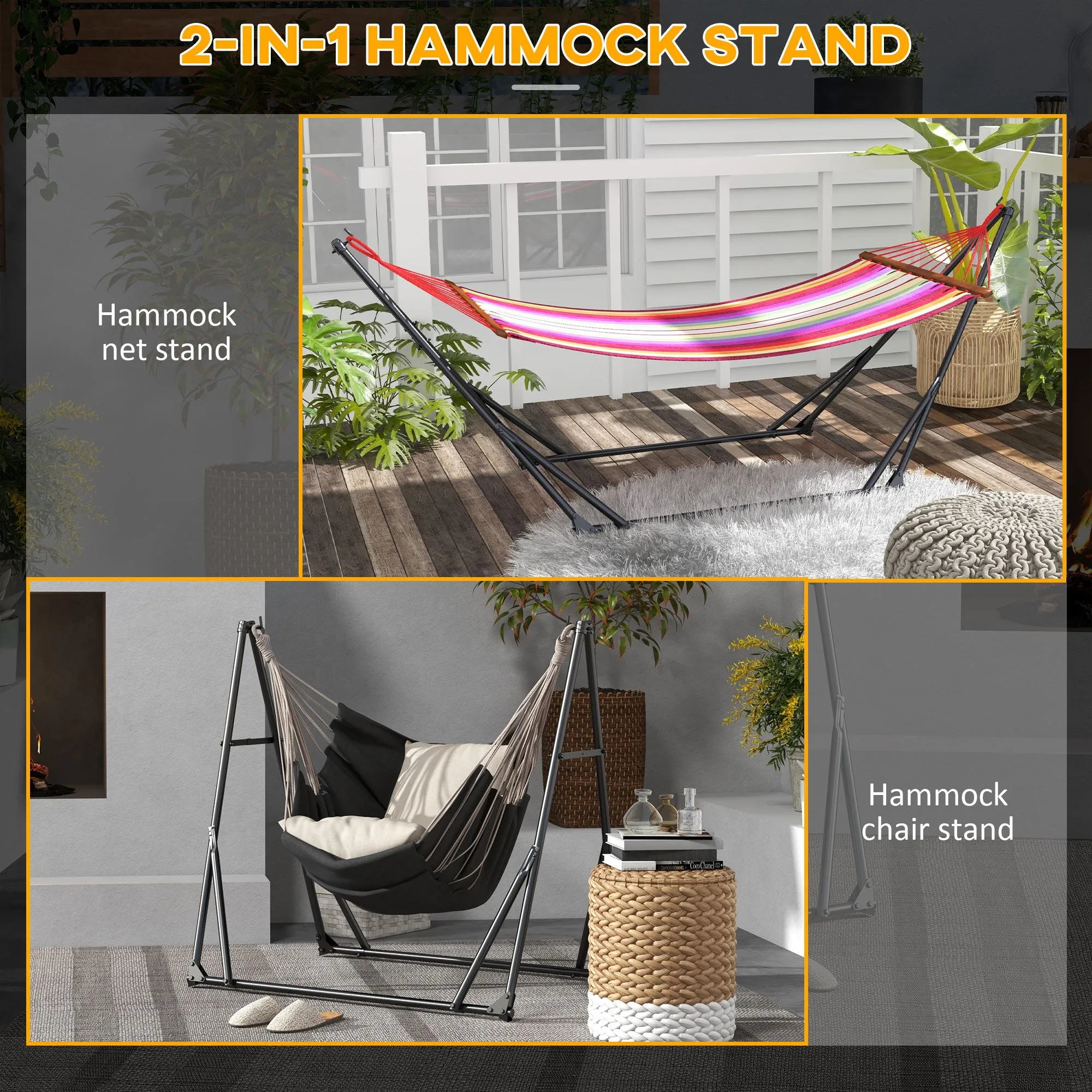Foldable Hammock Stand, Portable Hammock with Metal Frame, 2 in 1 Hammock Net Stand, Hammock Chair Stand with Carry Bag, Load Capacity 120kg, for Patio, Garden, Yard, Black