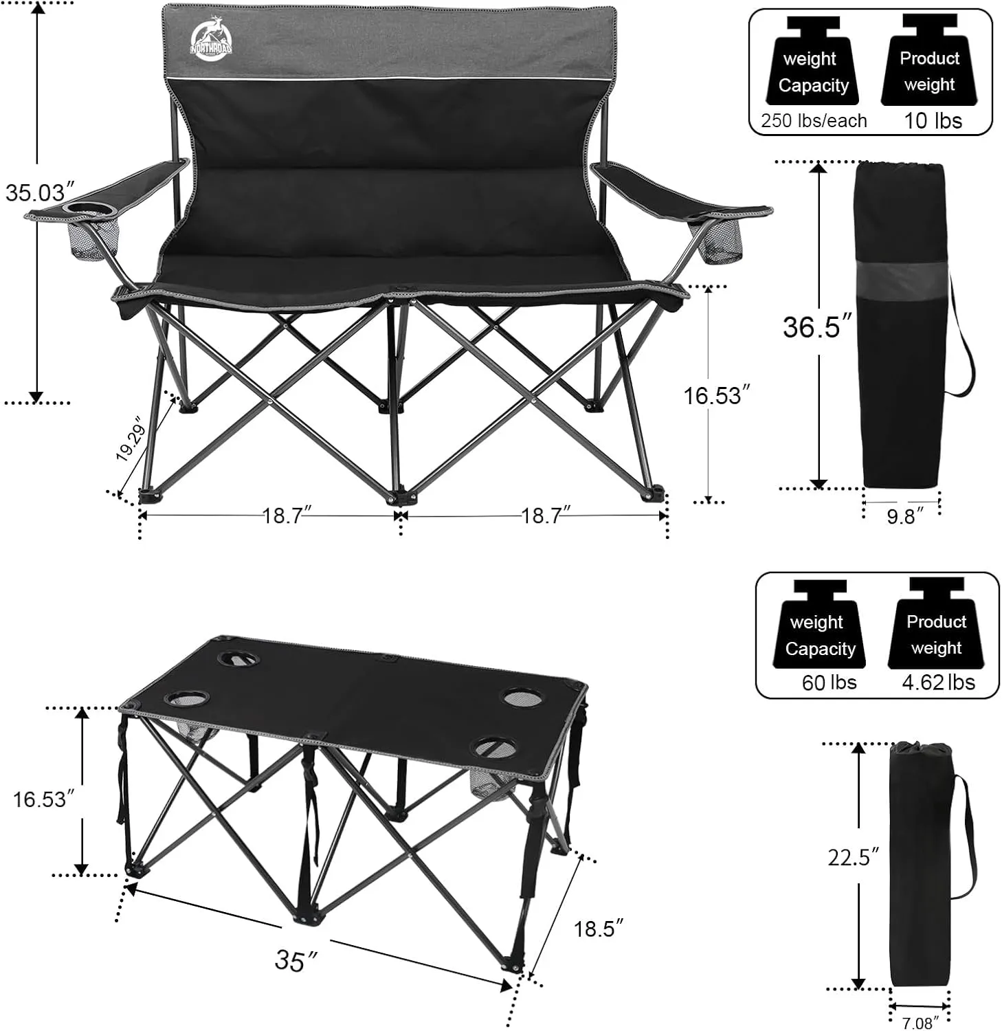 Folding Camping Chair Set of 4, Portable Collapsible Conversation Set w/1 Sofa, 2 Single Chairs, 1 Table for Family Patio, Outdoor Travel,Beach(Black)