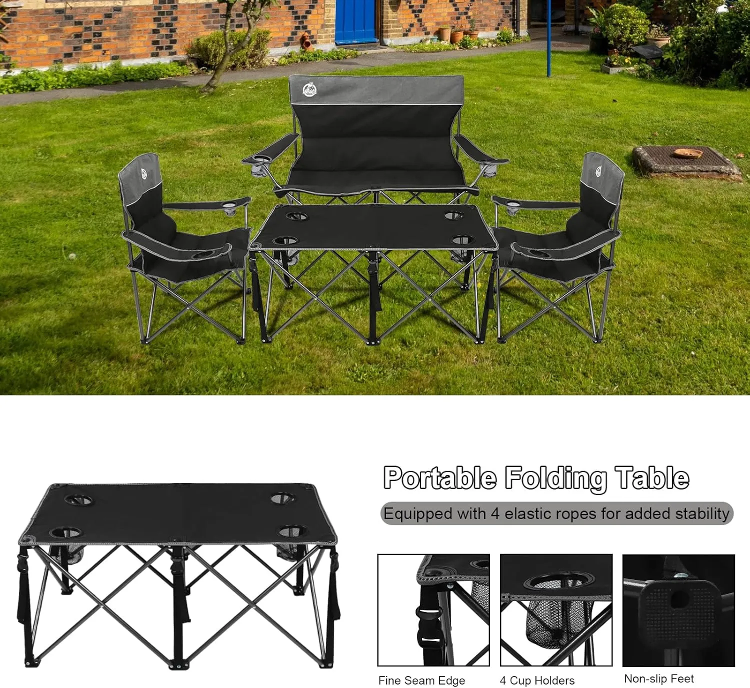Folding Camping Chair Set of 4, Portable Collapsible Conversation Set w/1 Sofa, 2 Single Chairs, 1 Table for Family Patio, Outdoor Travel,Beach(Black)
