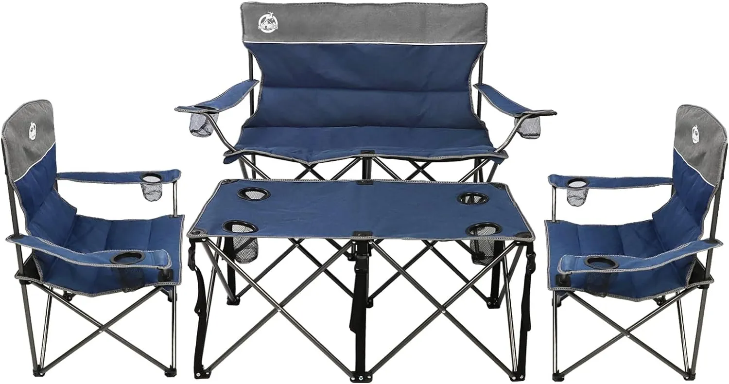 Folding Camping Chair Set of 4,Portable Collapsible Conversation Set w/1 Sofa,2 Single Chairs and 1 Table for Family Patio,Outdoor Travel,Beach(Blue)