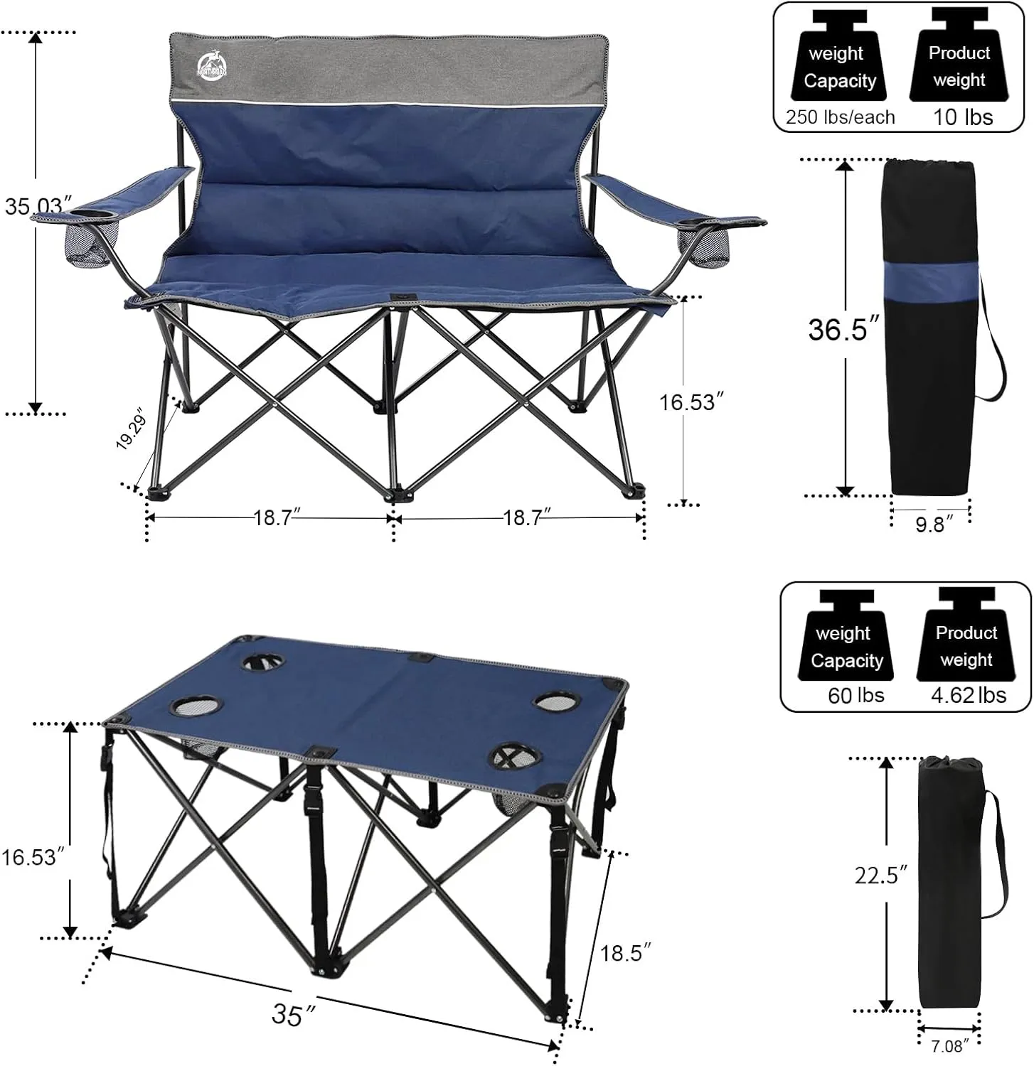 Folding Camping Chair Set of 4,Portable Collapsible Conversation Set w/1 Sofa,2 Single Chairs and 1 Table for Family Patio,Outdoor Travel,Beach(Blue)