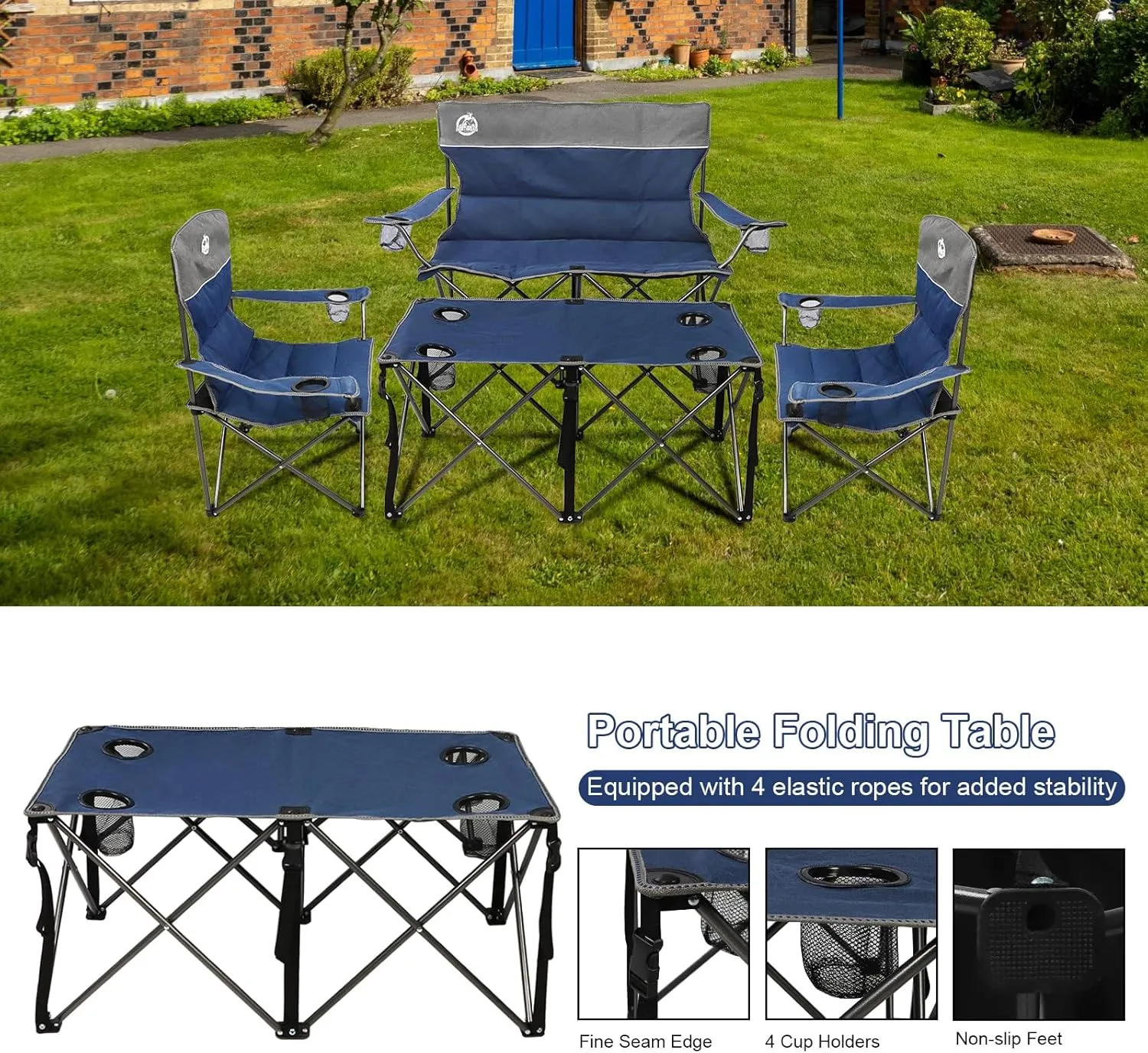 Folding Camping Chair Set of 4,Portable Collapsible Conversation Set w/1 Sofa,2 Single Chairs and 1 Table for Family Patio,Outdoor Travel,Beach(Blue)