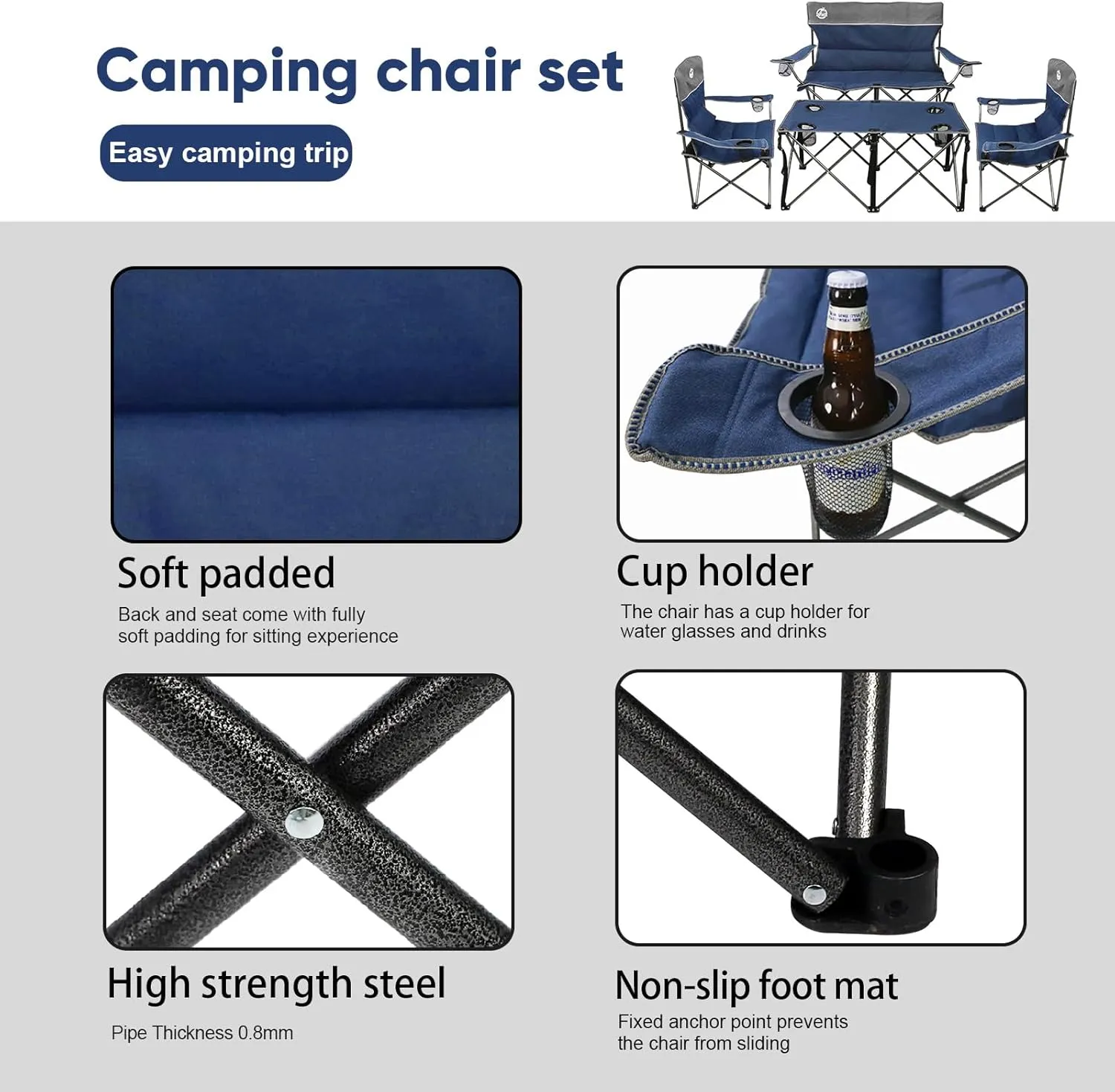 Folding Camping Chair Set of 4,Portable Collapsible Conversation Set w/1 Sofa,2 Single Chairs and 1 Table for Family Patio,Outdoor Travel,Beach(Blue)