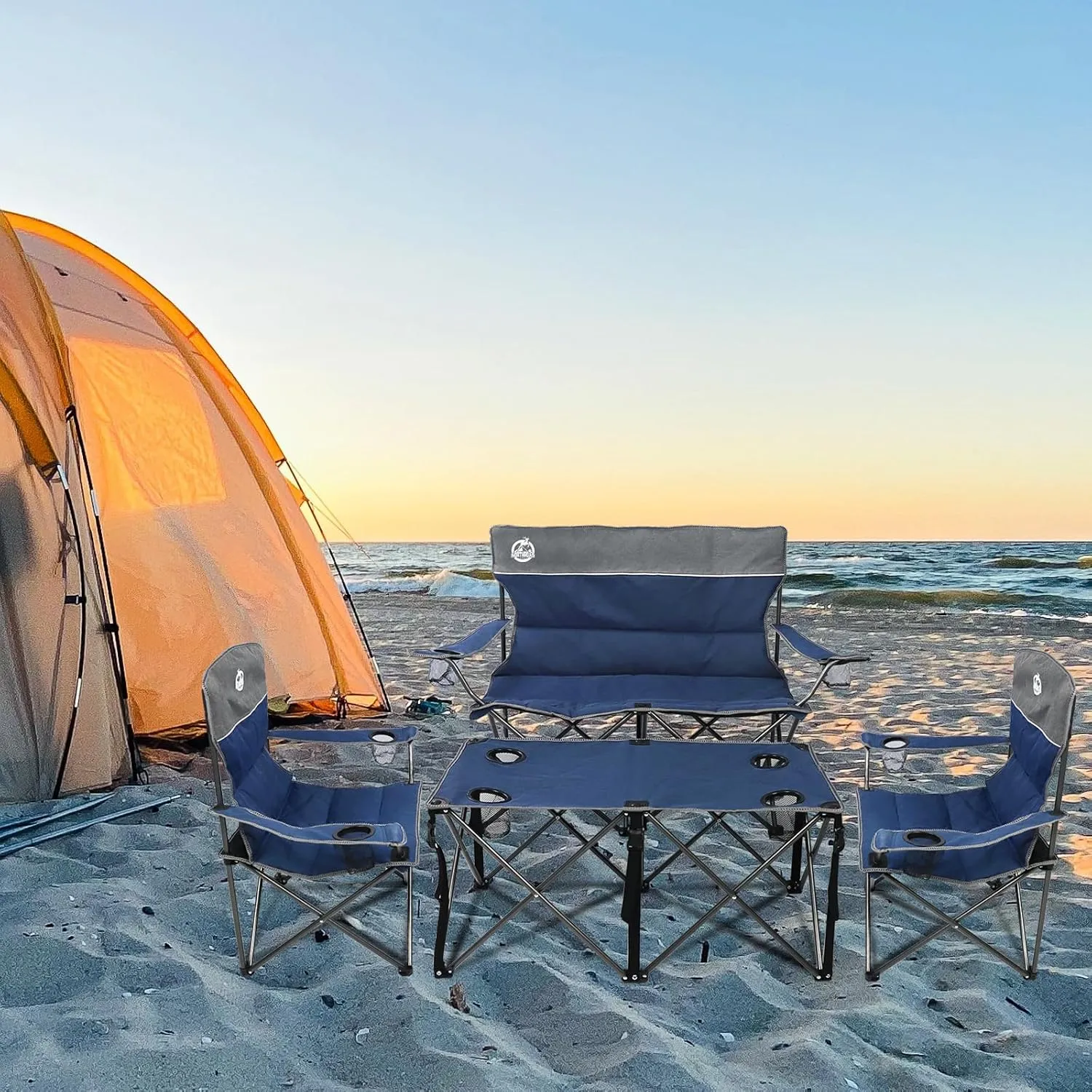 Folding Camping Chair Set of 4,Portable Collapsible Conversation Set w/1 Sofa,2 Single Chairs and 1 Table for Family Patio,Outdoor Travel,Beach(Blue)