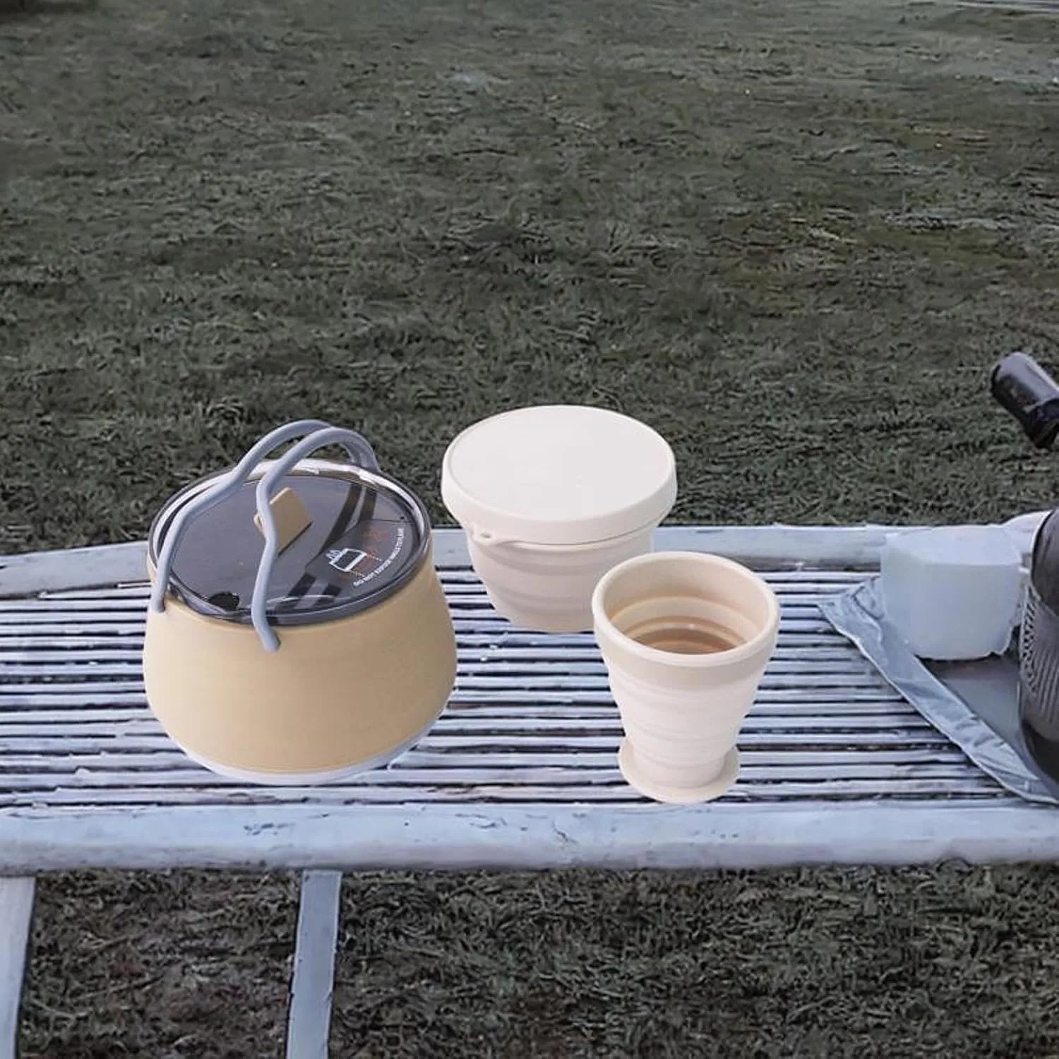 Folding Camping Kettle Teapot Compact Camp Pot with Bowl and Cup Water Boiler Silicone Kettle for Hiking Picnic Traveling