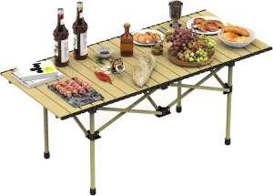 Folding Camping Table, Lightweight Outdoor Beach Table, Portable Roll Up Camping Table with Carry Bag for Outdoor Camp Picnic Beach RV Backyards Kitchen BBQ Party, 4-6 People