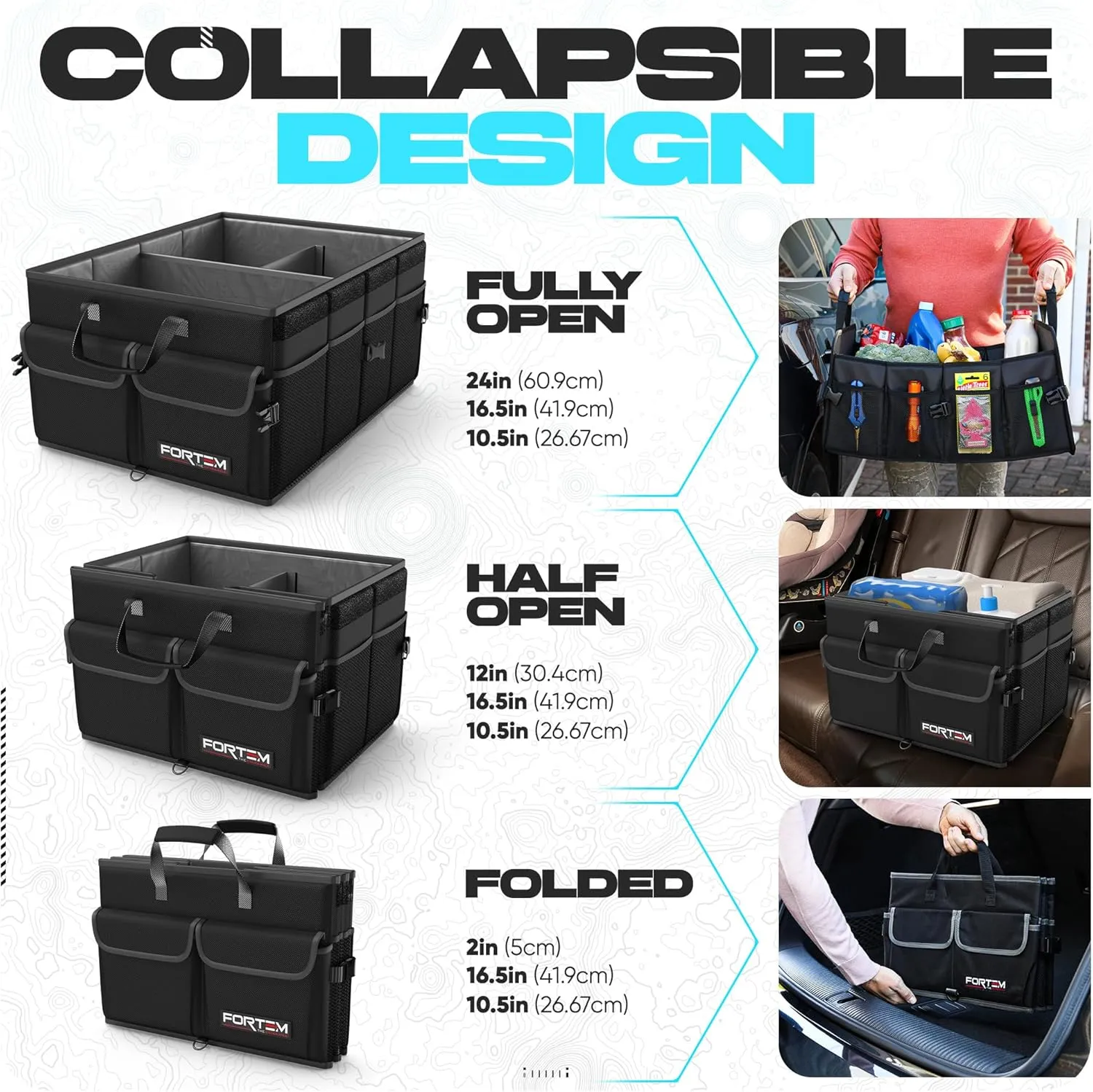 FORTEM Car Trunk Organizer, Collapsible Multi Compartment SUV Organizer, Foldable Storage for Car Accessories for Women Men, 600D Oxford, Non Slip Bottom, Securing Straps, Soft Cover (65L)