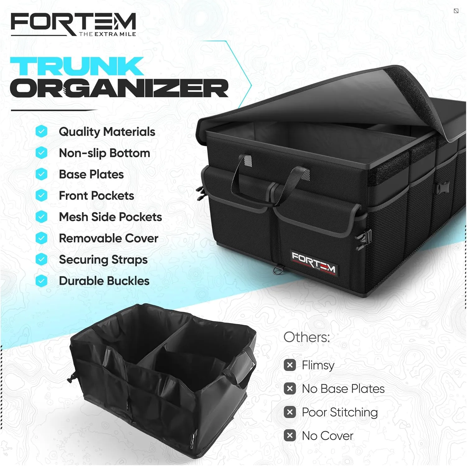 FORTEM Car Trunk Organizer, Collapsible Multi Compartment SUV Organizer, Foldable Storage for Car Accessories for Women Men, 600D Oxford, Non Slip Bottom, Securing Straps, Soft Cover (65L)