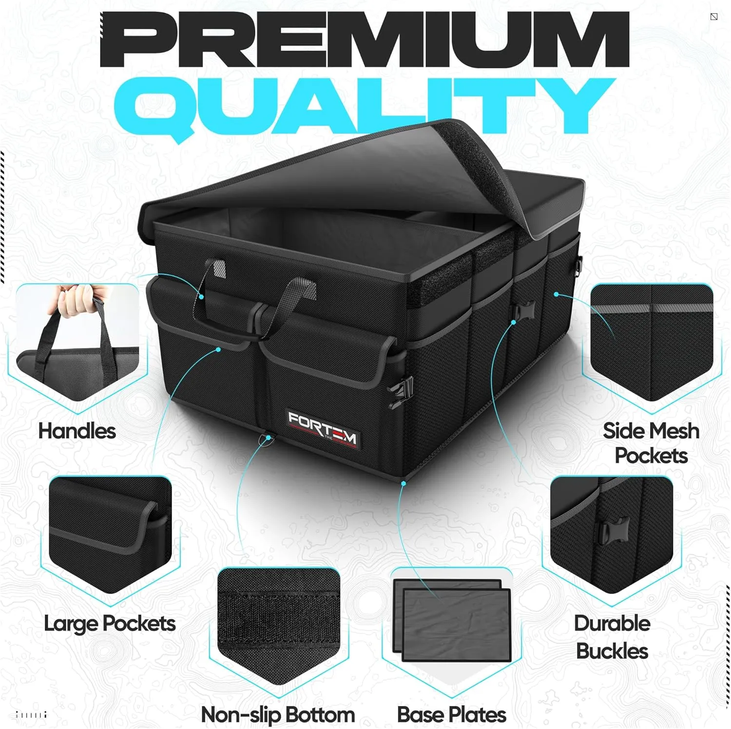 FORTEM Car Trunk Organizer, Collapsible Multi Compartment SUV Organizer, Foldable Storage for Car Accessories for Women Men, 600D Oxford, Non Slip Bottom, Securing Straps, Soft Cover (65L)