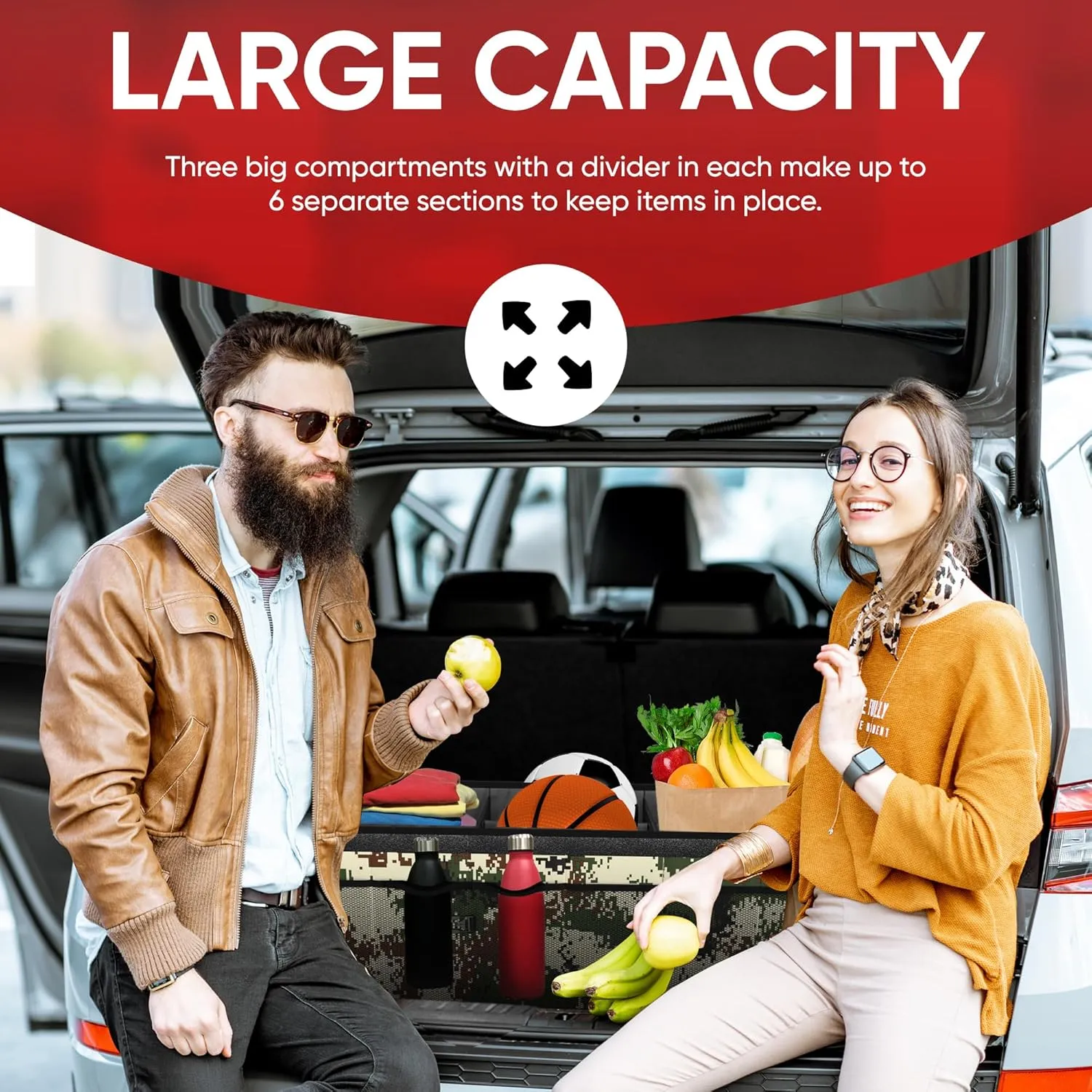 FORTEM Car Trunk Organizer, Collapsible Multi Compartment SUV Organizer, Foldable Storage for Car Accessories for Women Men, 600D Oxford, Non Slip Bottom, Securing Straps, Soft Cover (85L)