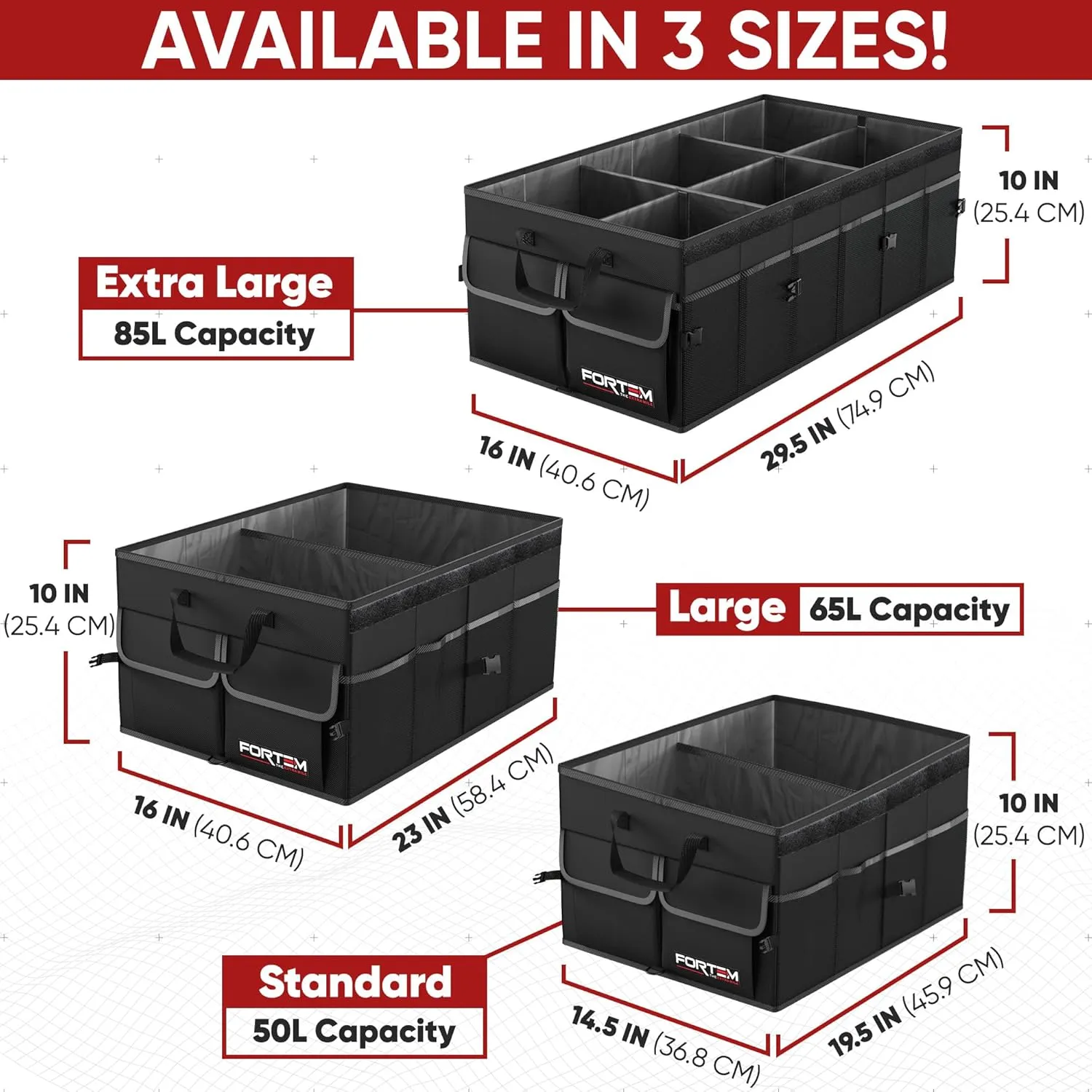 FORTEM Car Trunk Organizer, Collapsible Multi Compartment SUV Organizer, Foldable Storage for Car Accessories for Women Men, 600D Oxford, Non Slip Bottom, Securing Straps, Soft Cover (85L)