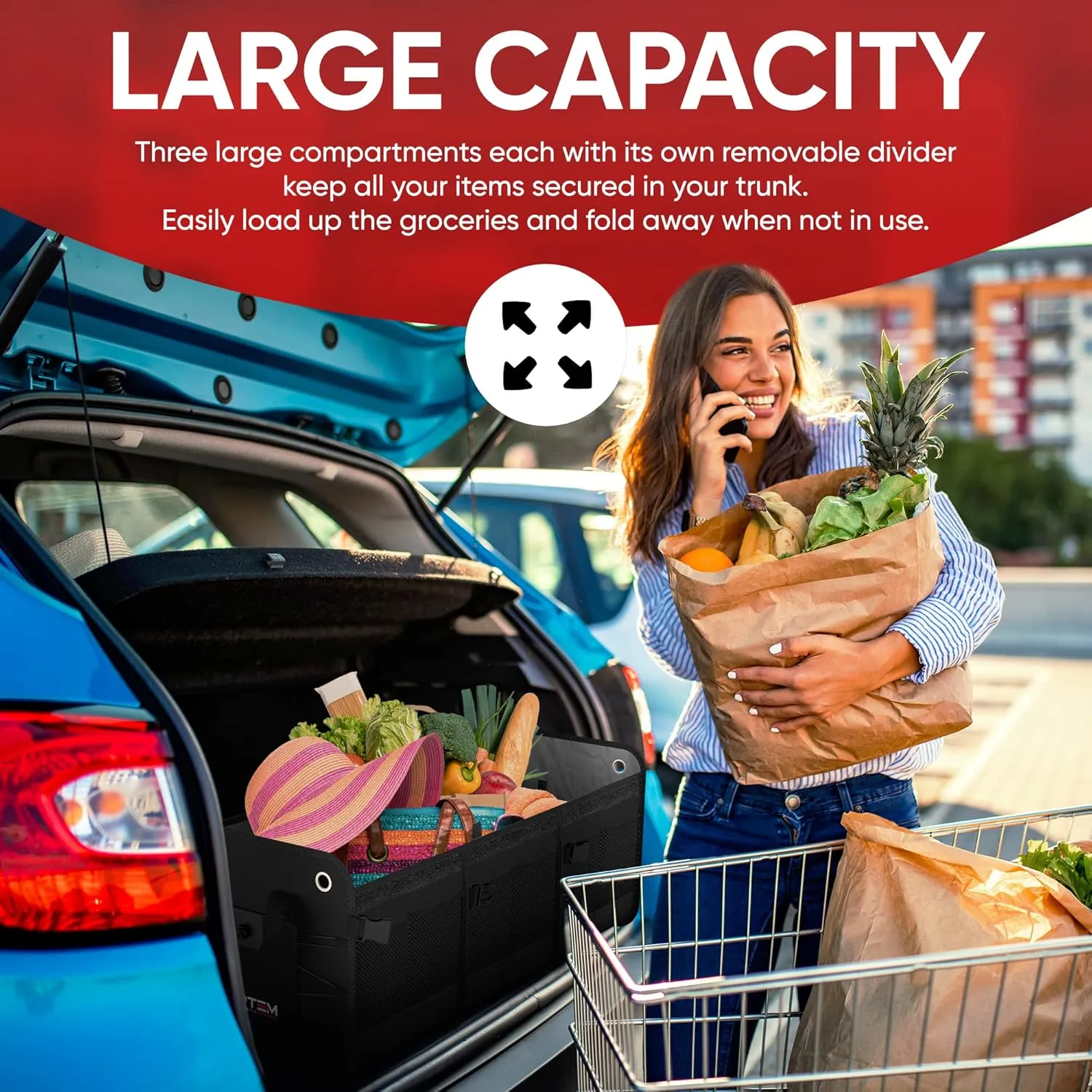 FORTEM SUV Trunk Organizer with Cooler, Car Organizer, Collapsible Multi-Compartment Storage Bag for Car Accessories for Women Men, 1680D Oxford, Non Slip Bottom, Adjustable Straps Soft Cover (110L)