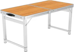 FQWYNMZ 4Ft Folding Camp Table, Folding Picnic Table for Outdoor, Aluminum Folding Table with 3 Adjustable Height, Lightweight Beach Table with Handle, for Home Picnic BBQ Garden(Color:Wood Color)