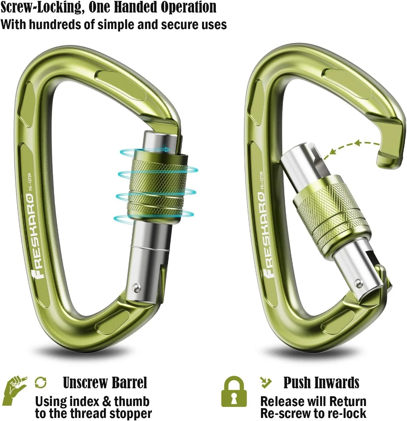 FresKaro 4inches 25kN-5621lbs Climbing Carabiners, UIAA CE Certified, Screw Lock, 7075 Aluminium, Lightweight, Rust Proof, for Mountaineering, Rappelling etc., Multi-Colors