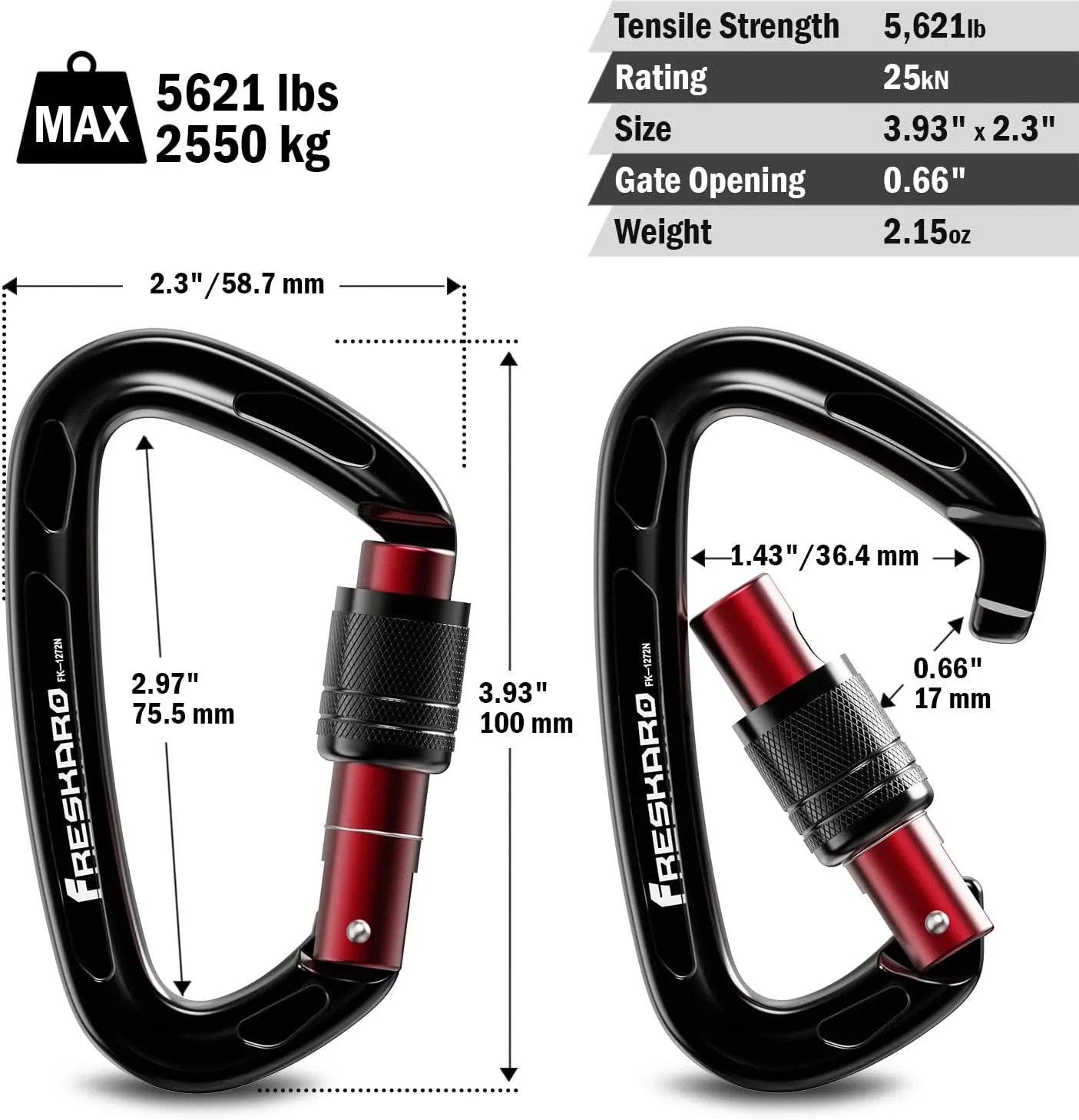 FresKaro 4inches 25kN-5621lbs Climbing Carabiners, UIAA CE Certified, Screw Lock, 7075 Aluminium, Lightweight, Rust Proof, for Mountaineering, Rappelling etc., Multi-Colors