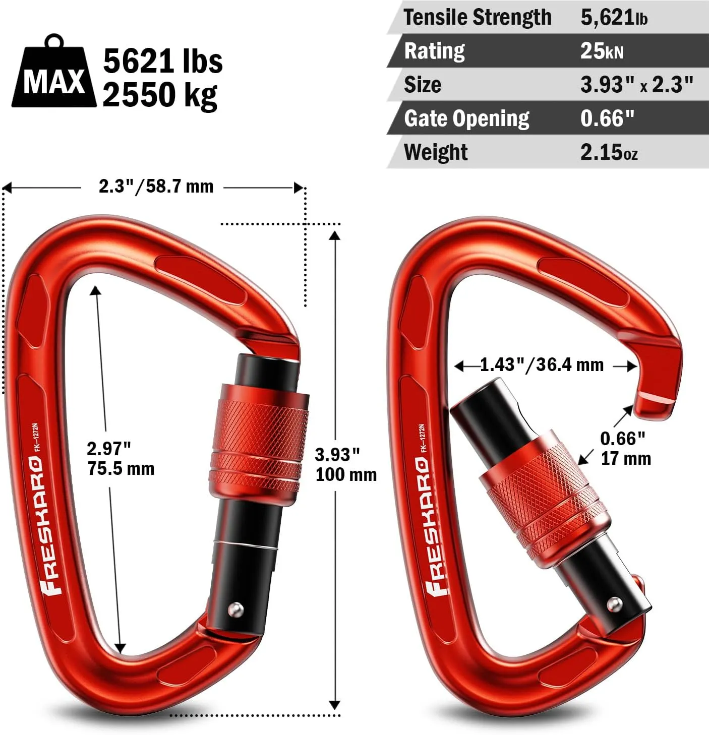 FresKaro 4inches 25kN-5621lbs Climbing Carabiners, UIAA CE Certified, Screw Lock, 7075 Aluminium, Lightweight, Rust Proof, for Mountaineering, Rappelling etc., Multi-Colors