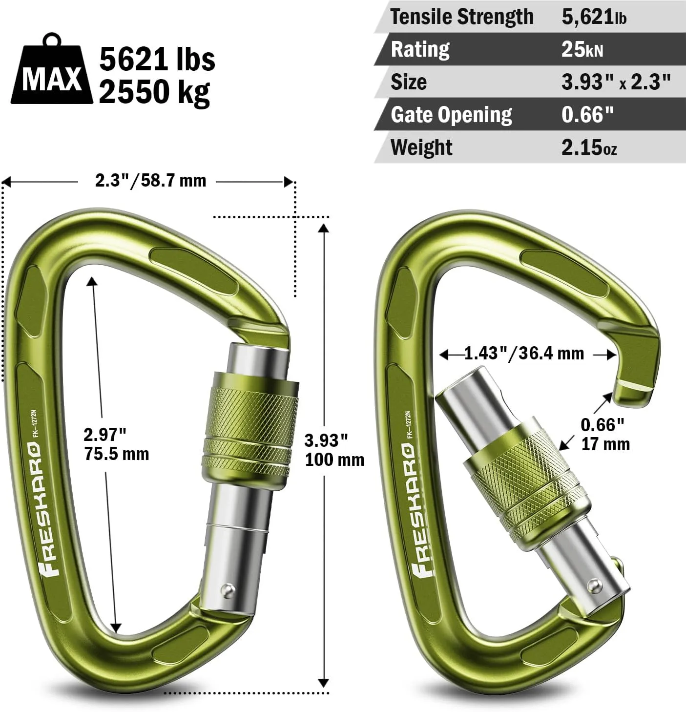 FresKaro 4inches 25kN-5621lbs Climbing Carabiners, UIAA CE Certified, Screw Lock, 7075 Aluminium, Lightweight, Rust Proof, for Mountaineering, Rappelling etc., Multi-Colors