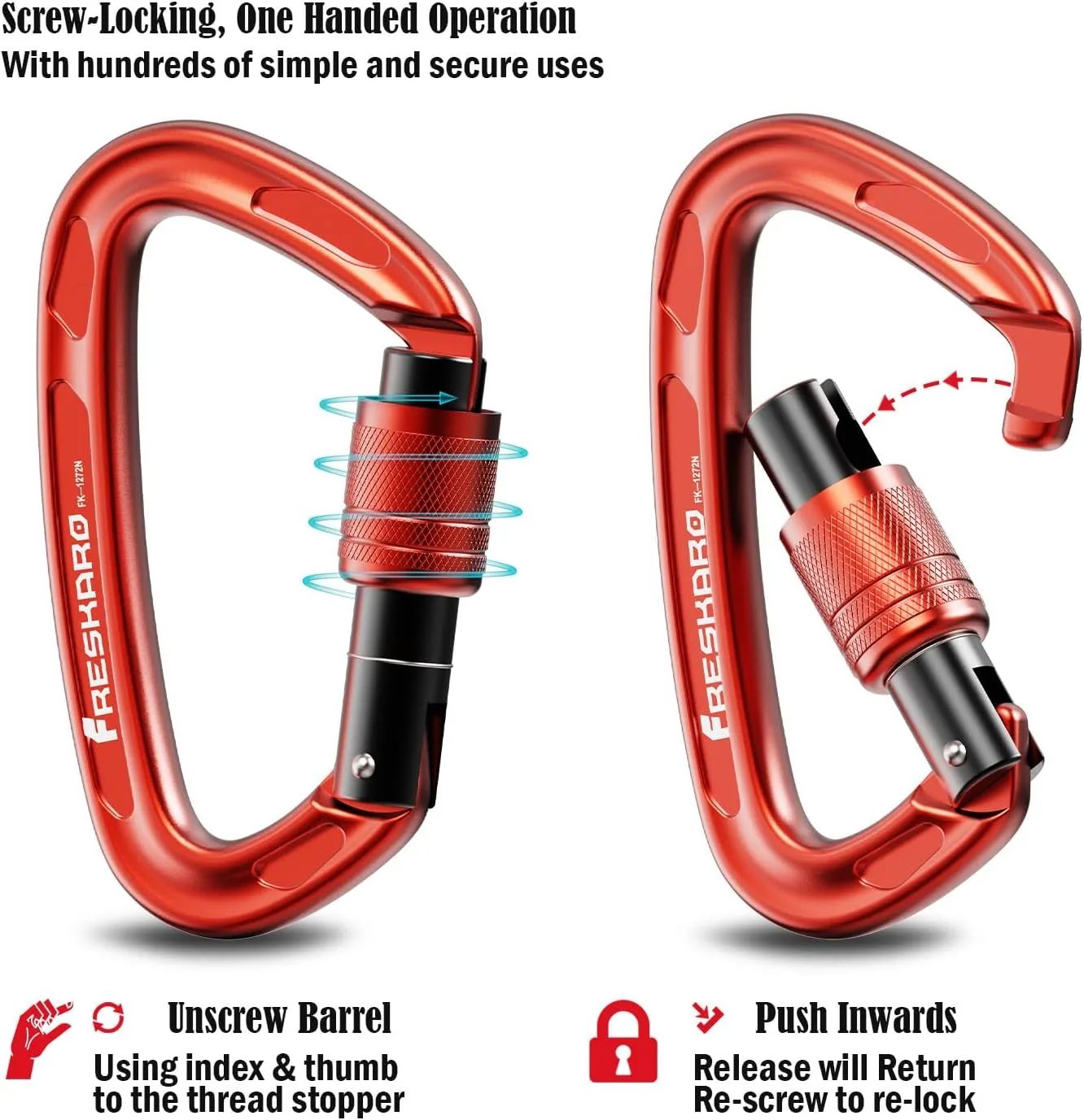FresKaro 4inches 25kN-5621lbs Climbing Carabiners, UIAA CE Certified, Screw Lock, 7075 Aluminium, Lightweight, Rust Proof, for Mountaineering, Rappelling etc., Multi-Colors