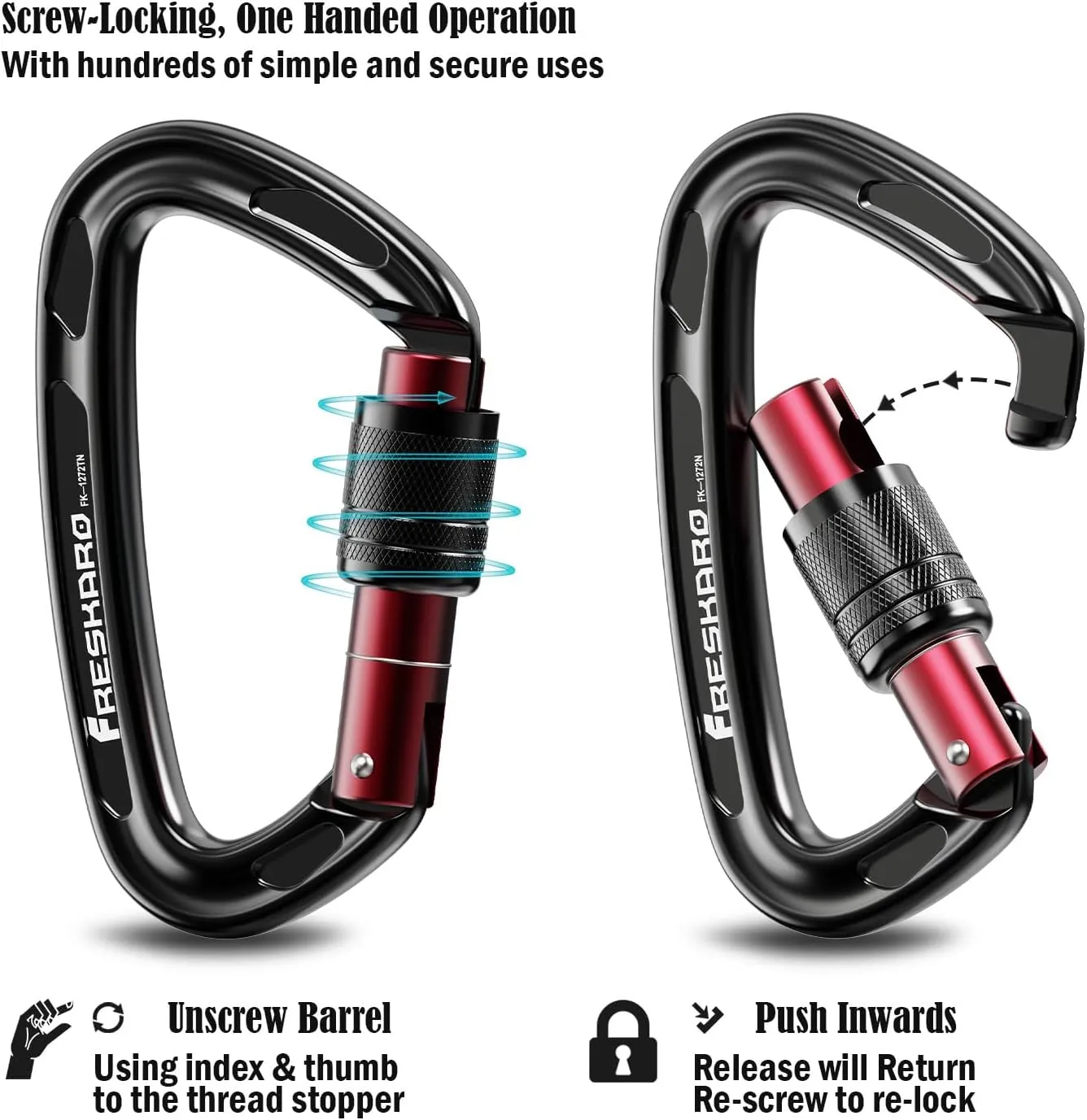 FresKaro 4inches 25kN-5621lbs Climbing Carabiners, UIAA CE Certified, Screw Lock, 7075 Aluminium, Lightweight, Rust Proof, for Mountaineering, Rappelling etc., Multi-Colors