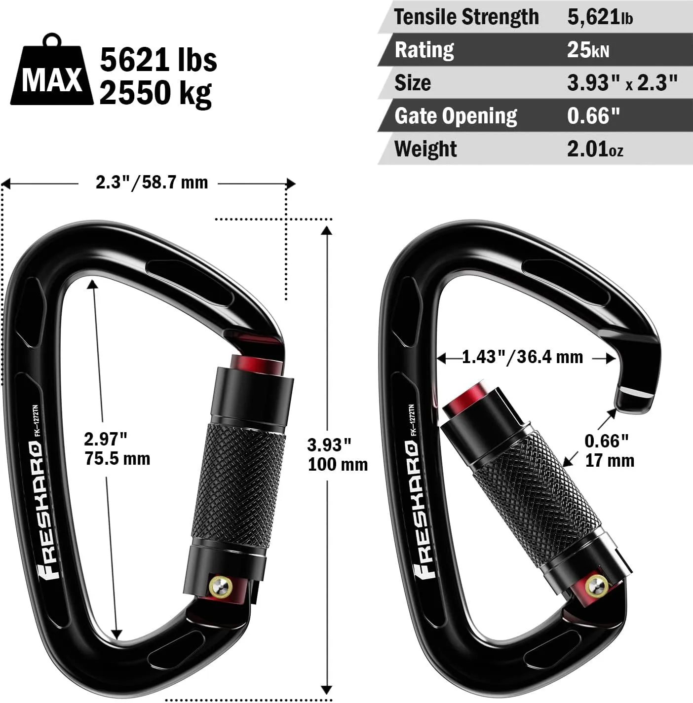 FresKaro 4inches 25kN-5621lbs Climbing Carabiners, UIAA CE Certified, Twist Auto Locking, Made of 7075 Aluminium, Lightweight, Rust Proof, for Mountaineering, Rappelling etc., Multi-Colors