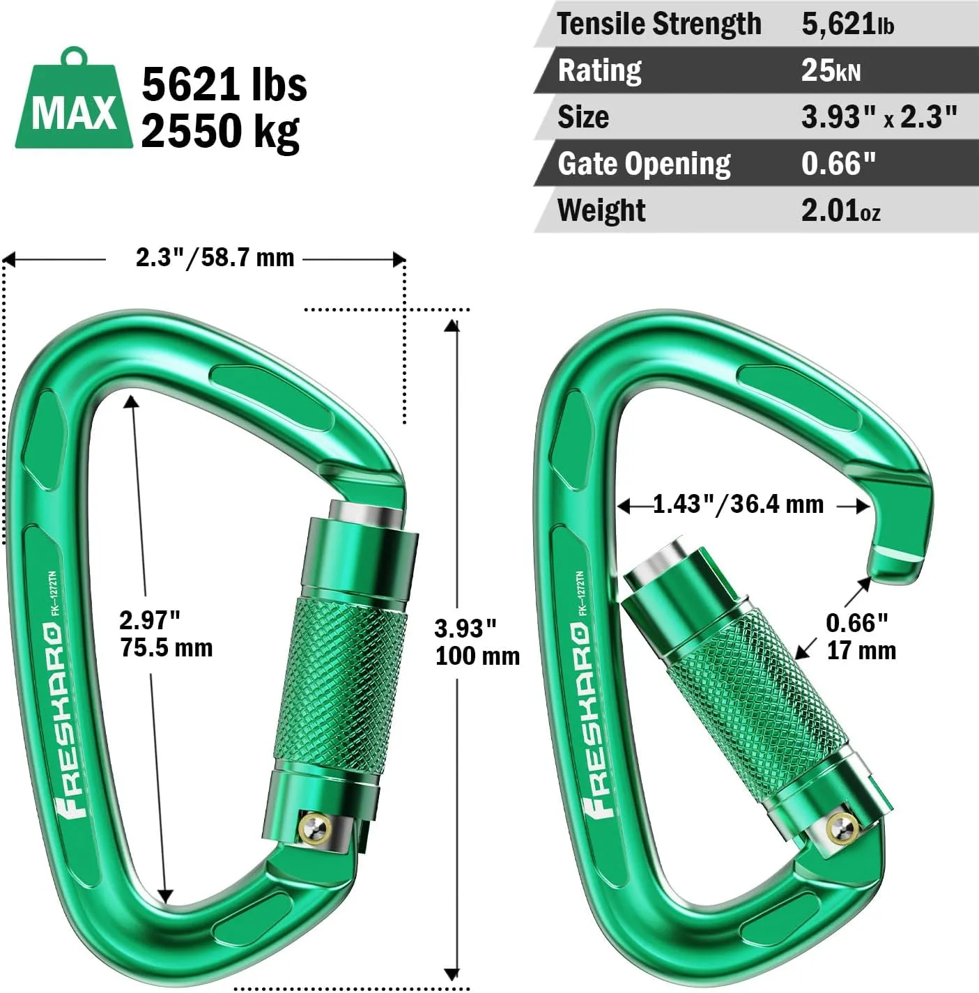 FresKaro 4inches 25kN-5621lbs Climbing Carabiners, UIAA CE Certified, Twist Auto Locking, Made of 7075 Aluminium, Lightweight, Rust Proof, for Mountaineering, Rappelling etc., Multi-Colors