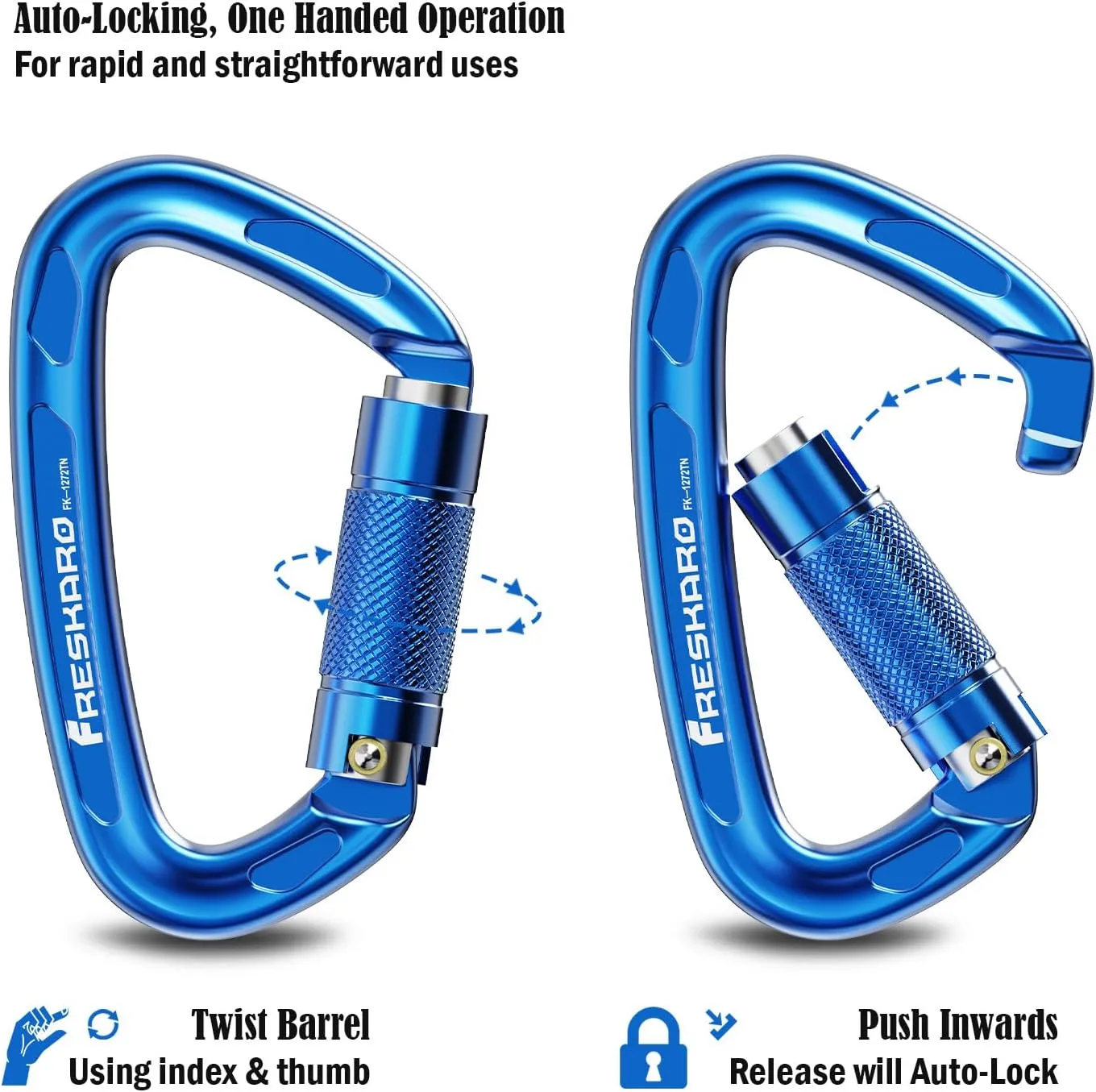 FresKaro 4inches 25kN-5621lbs Climbing Carabiners, UIAA CE Certified, Twist Auto Locking, Made of 7075 Aluminium, Lightweight, Rust Proof, for Mountaineering, Rappelling etc., Multi-Colors