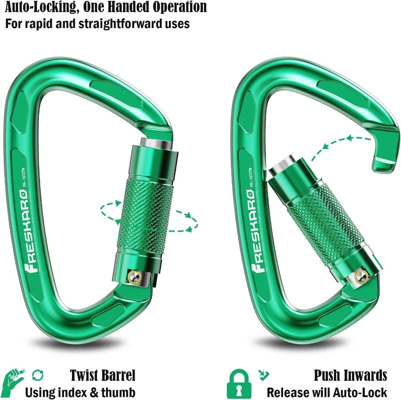 FresKaro 4inches 25kN-5621lbs Climbing Carabiners, UIAA CE Certified, Twist Auto Locking, Made of 7075 Aluminium, Lightweight, Rust Proof, for Mountaineering, Rappelling etc., Multi-Colors