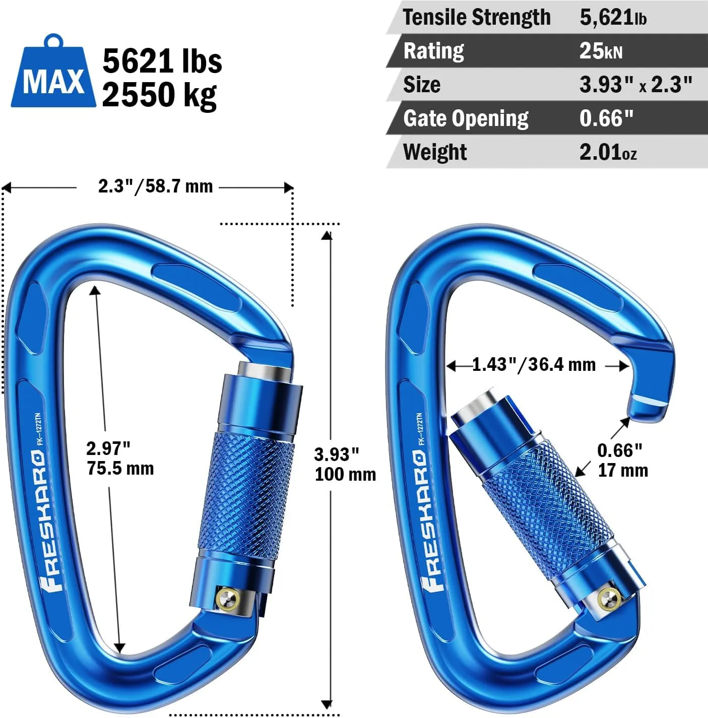 FresKaro 4inches 25kN-5621lbs Climbing Carabiners, UIAA CE Certified, Twist Auto Locking, Made of 7075 Aluminium, Lightweight, Rust Proof, for Mountaineering, Rappelling etc., Multi-Colors