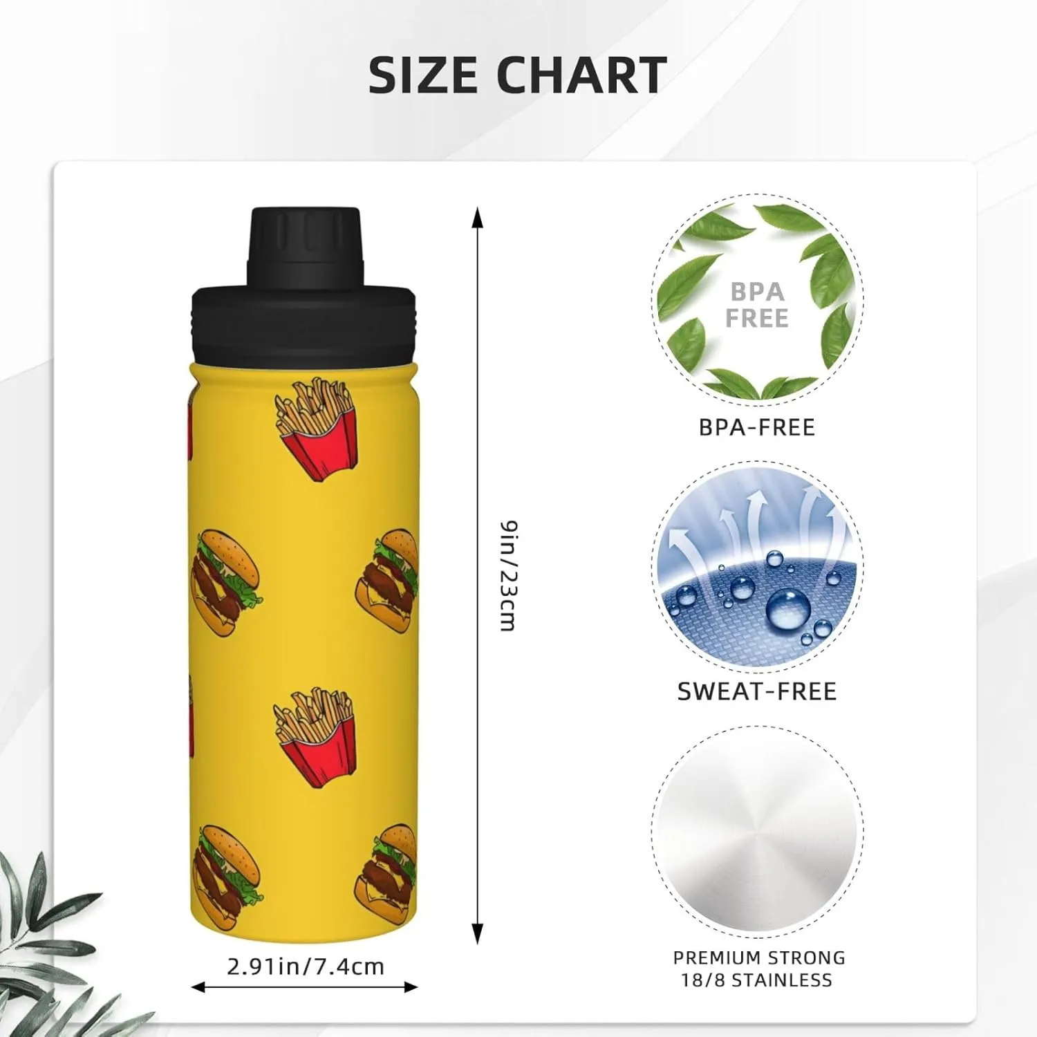 Fries and Hamburger Sports Water Bottle 18 Oz Stainless Steel Sports Insulated Kettle for Travel Outdoor Gym