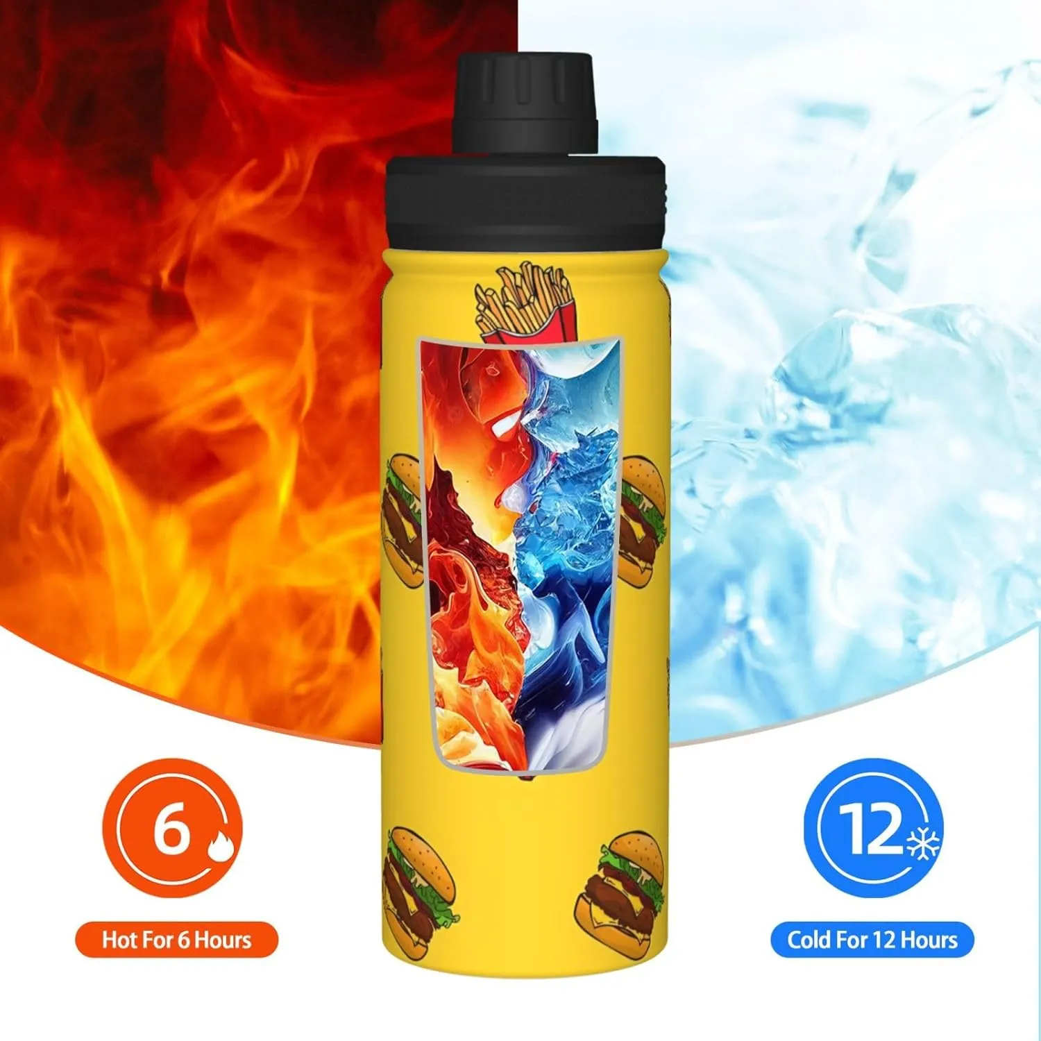 Fries and Hamburger Sports Water Bottle 18 Oz Stainless Steel Sports Insulated Kettle for Travel Outdoor Gym