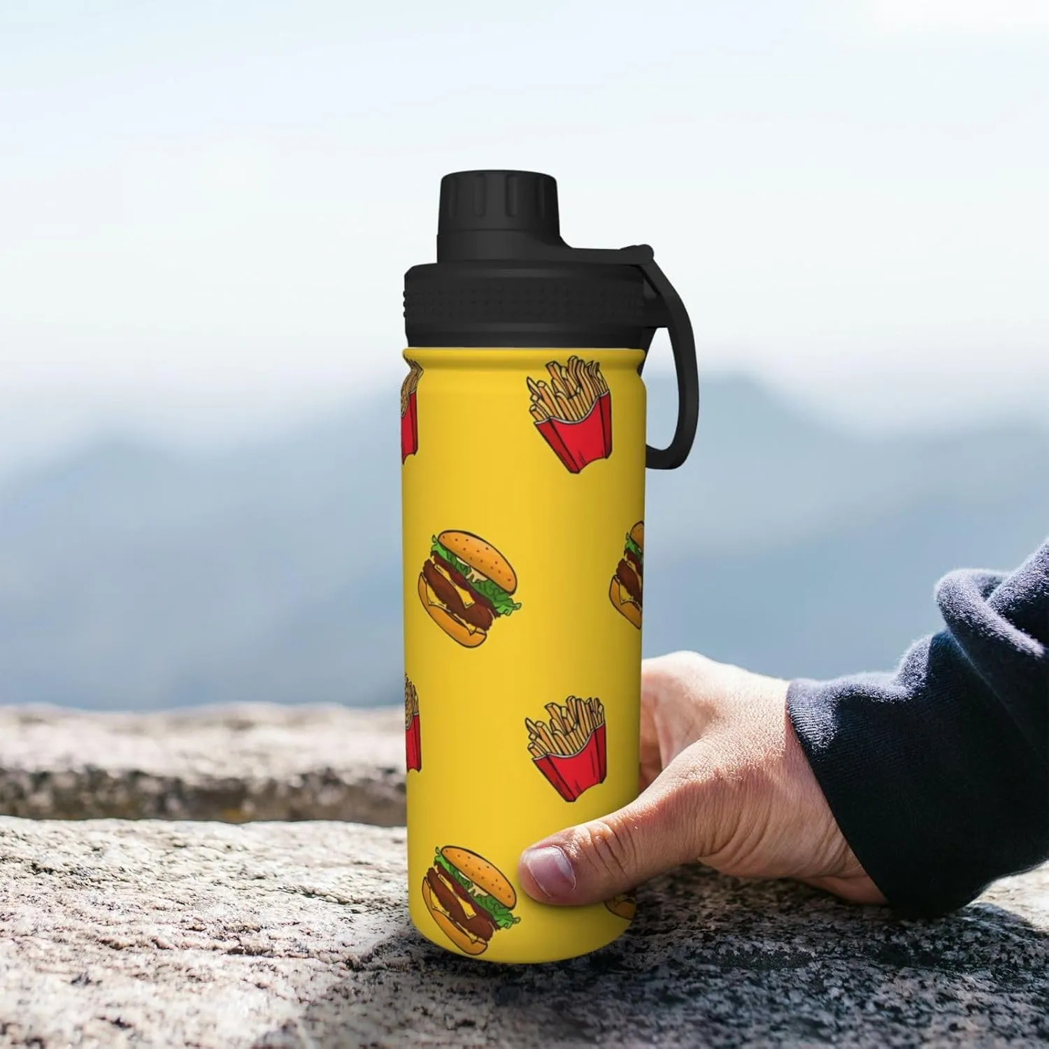 Fries and Hamburger Sports Water Bottle 18 Oz Stainless Steel Sports Insulated Kettle for Travel Outdoor Gym