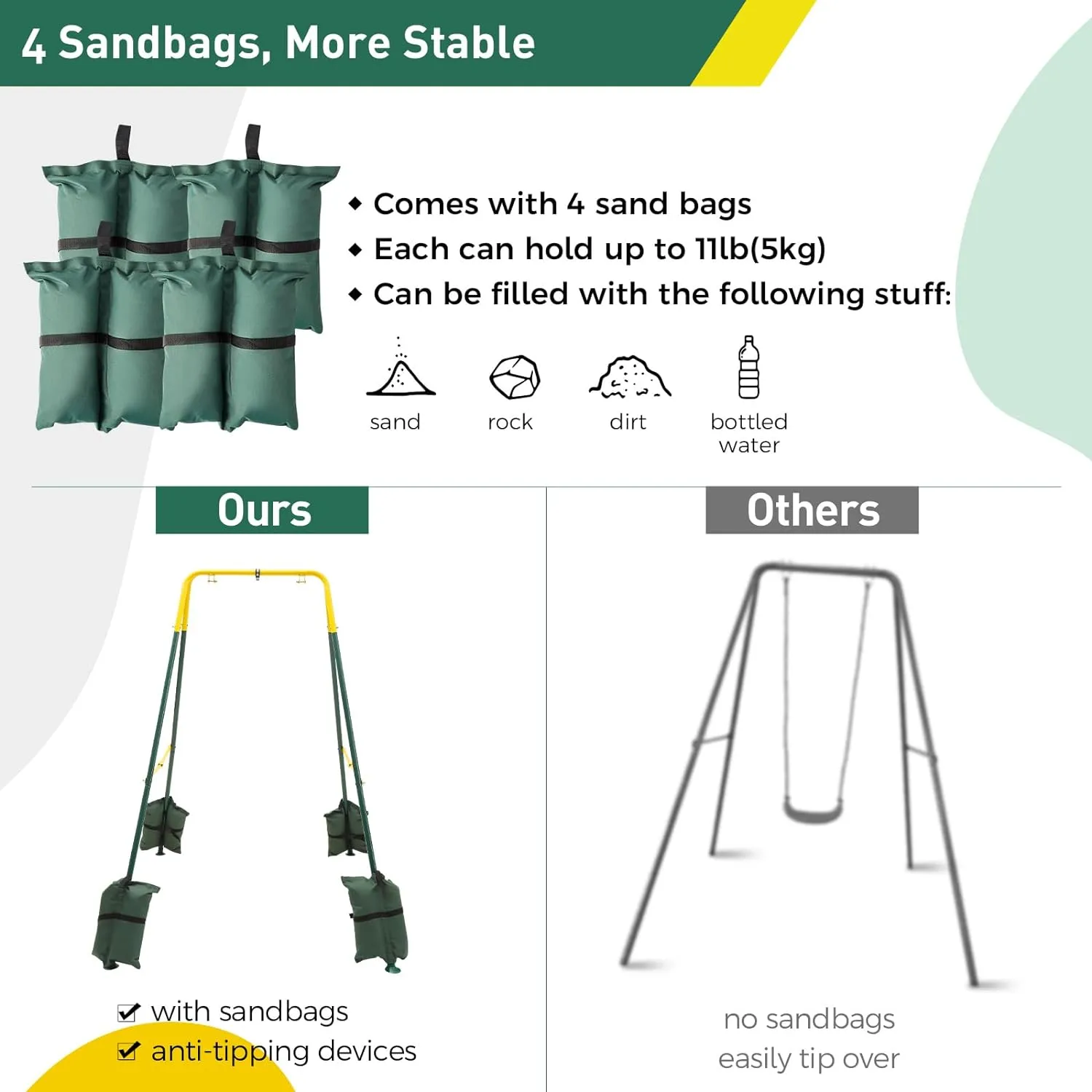 FUNLIO Foldable Swing Stand for Kids with 4 Sandbags, Heavy Duty Metal A-Frame Indoor/Outdoor for Backyard, Suitable Most Toddler/Baby Jumper/Hammock Chair - Green