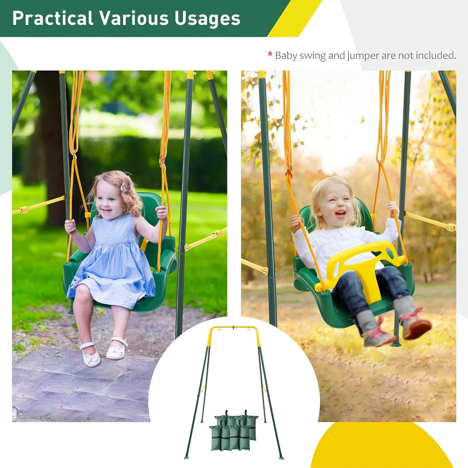 FUNLIO Foldable Swing Stand for Kids with 4 Sandbags, Heavy Duty Metal A-Frame Indoor/Outdoor for Backyard, Suitable Most Toddler/Baby Jumper/Hammock Chair - Green