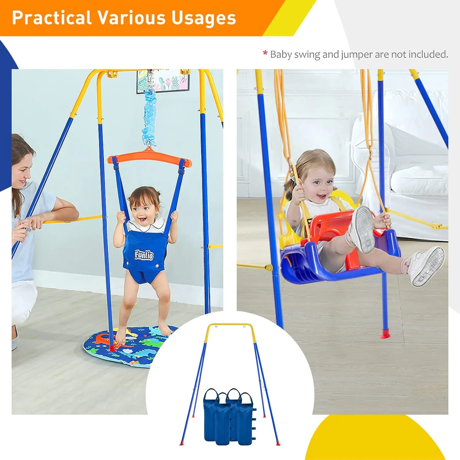 FUNLIO Foldable Swing Stand for Kids with 4 Sandbags, Heavy Duty Metal A-Frame Indoor/Outdoor for Backyard, Suitable Most Toddler/Baby Jumper/Hammock Chair