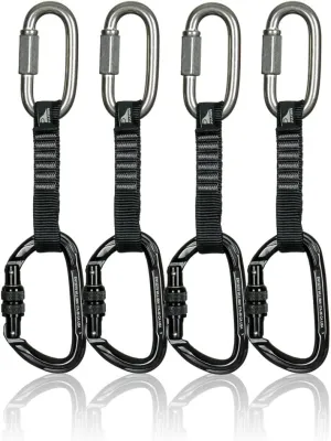 Fusion Climb 4-Pack 12cm Tactical Military Rescue Quickdraw Set with 3/8" 1600lbs WLL Stainless Steel Oval Quick Link/Vapor Screw Gate Black Carabiners