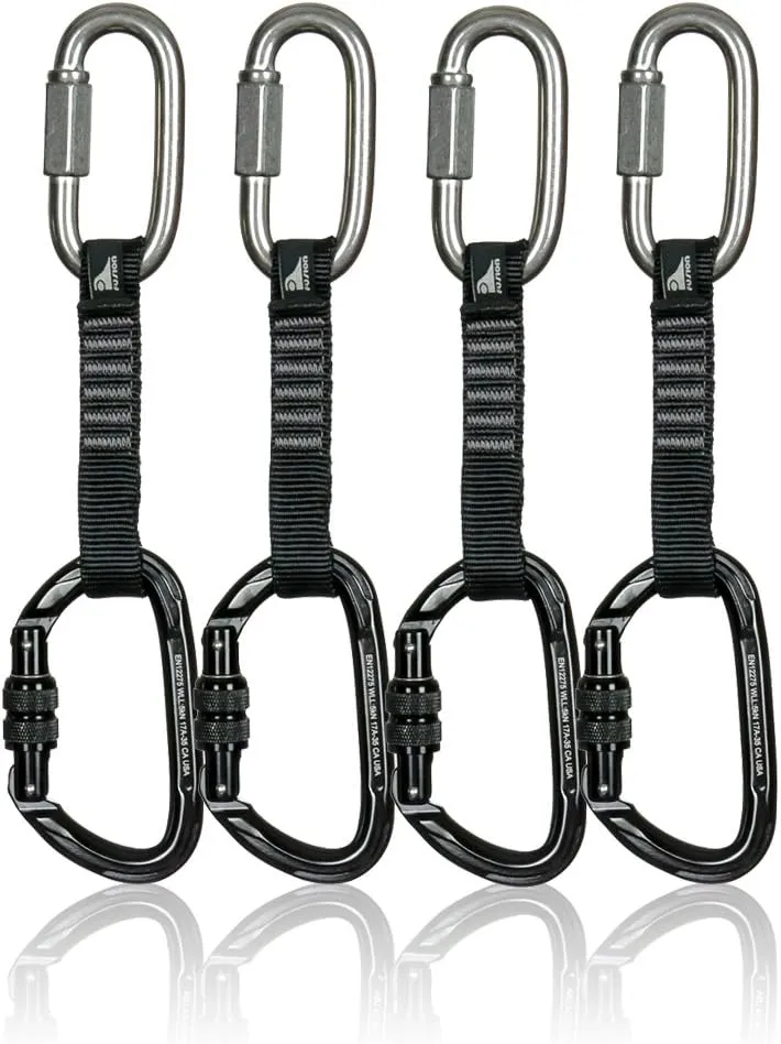 Fusion Climb 4-Pack 12cm Tactical Military Rescue Quickdraw Set with 3/8" 1600lbs WLL Stainless Steel Oval Quick Link/Vapor Screw Gate Black Carabiners